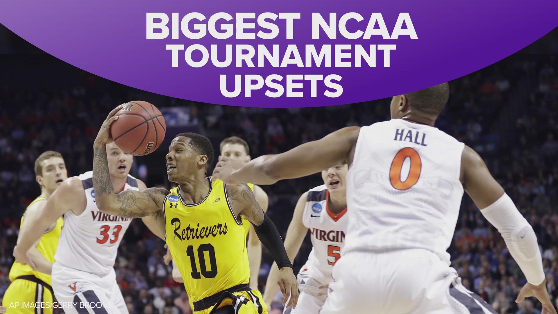 From a team that saw its 45-game winning streak end to the first No. 16 seed to beat a No. 1, here are some of the biggest NCAA tournament upsets.