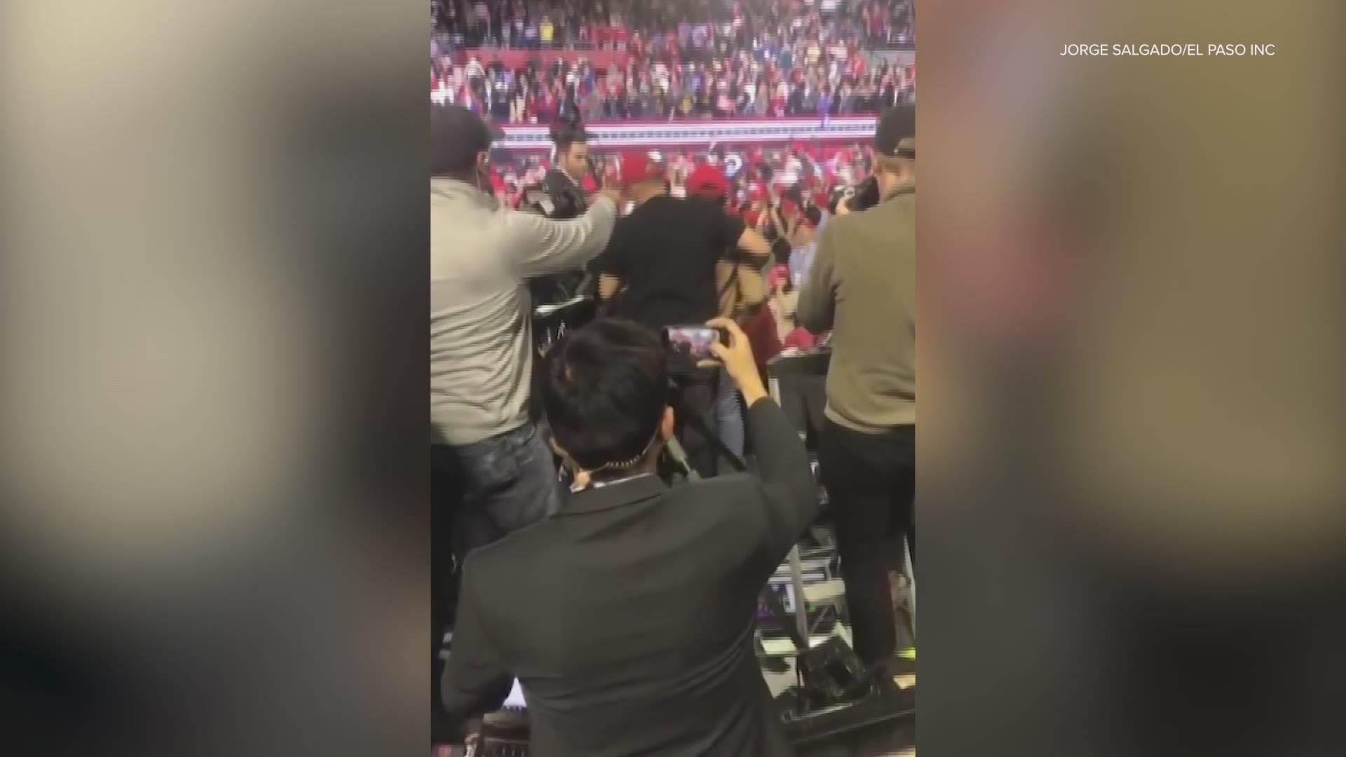 Video shows the moments after a BBC cameraman was shoved during a speech by President Donald Trump in Texas on Monday evening. (Jorge Salgado/El Paso Inc. via AP)