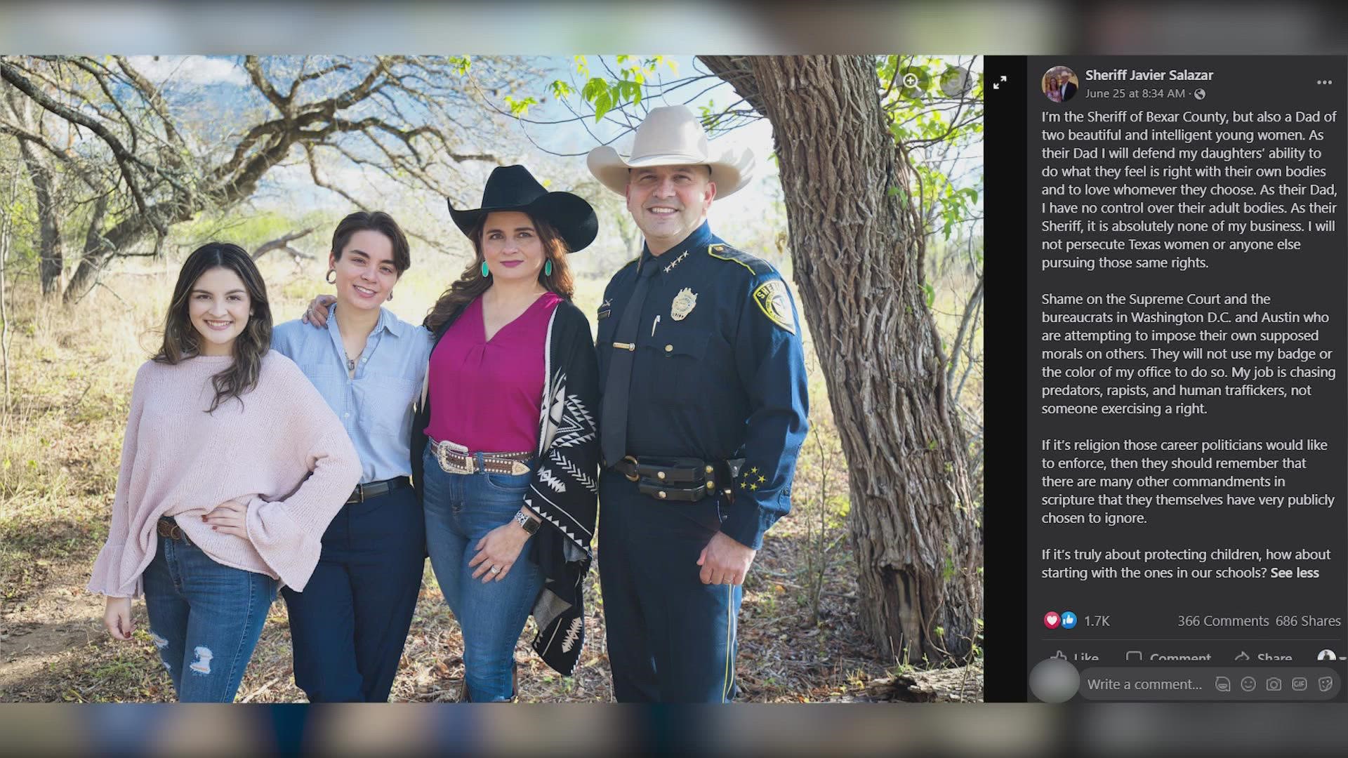 Sheriff Javier Salazar said as a dad of two daughters, he will defend their ability to do what they feel is right with their bodies.
