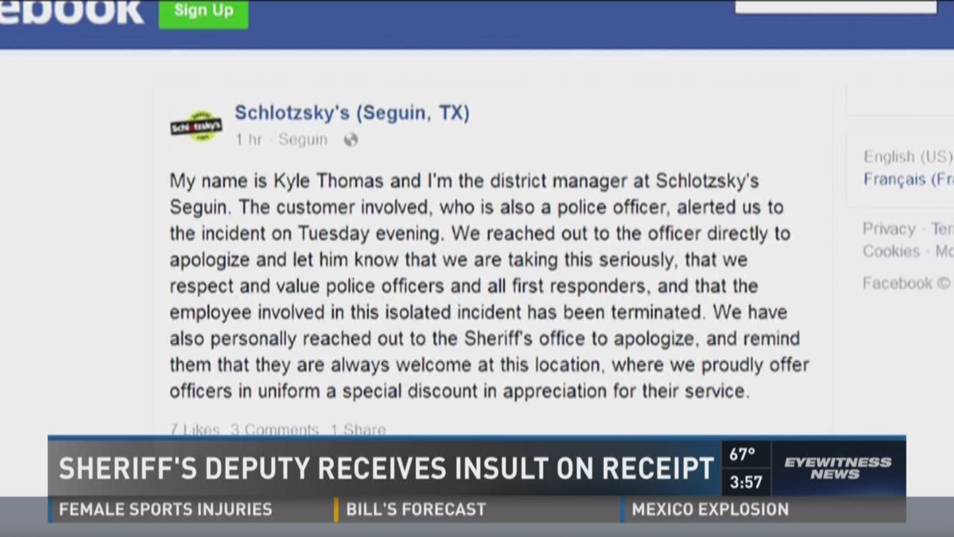 Sheriff's Deputy receives insult on receipt