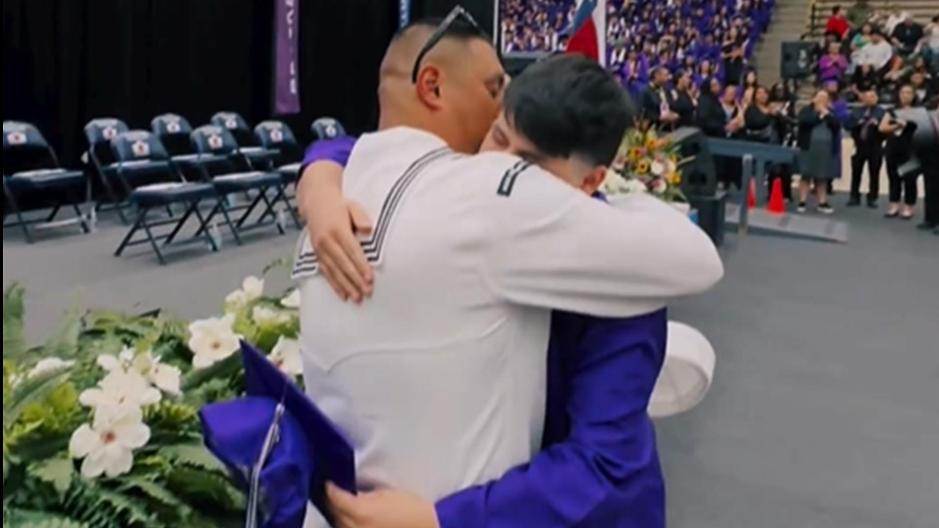 David Castillo flew 17 hours from his Navy post to see his son graduate from Brackenridge High School.