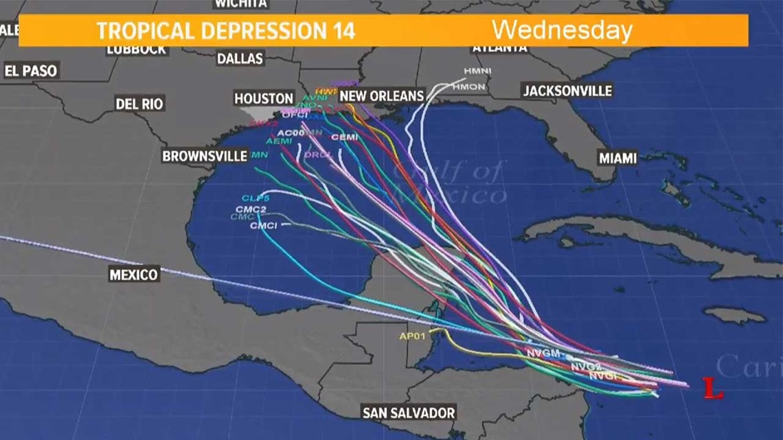 Tropical Depression 14 spaghetti models, track and satellite