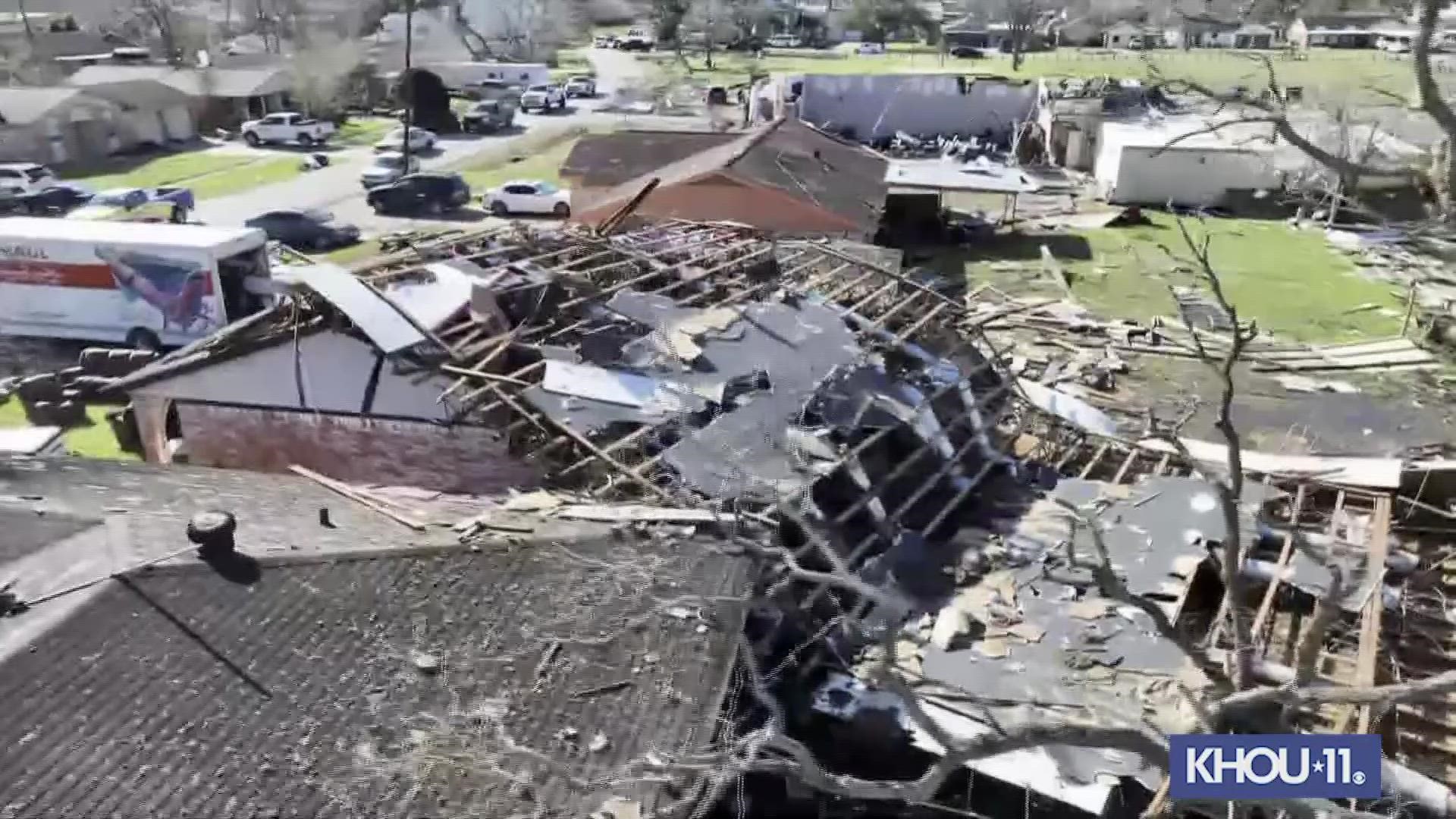 This drone video shows a church in Pasadena that was devastated by Tuesday's sotrm.