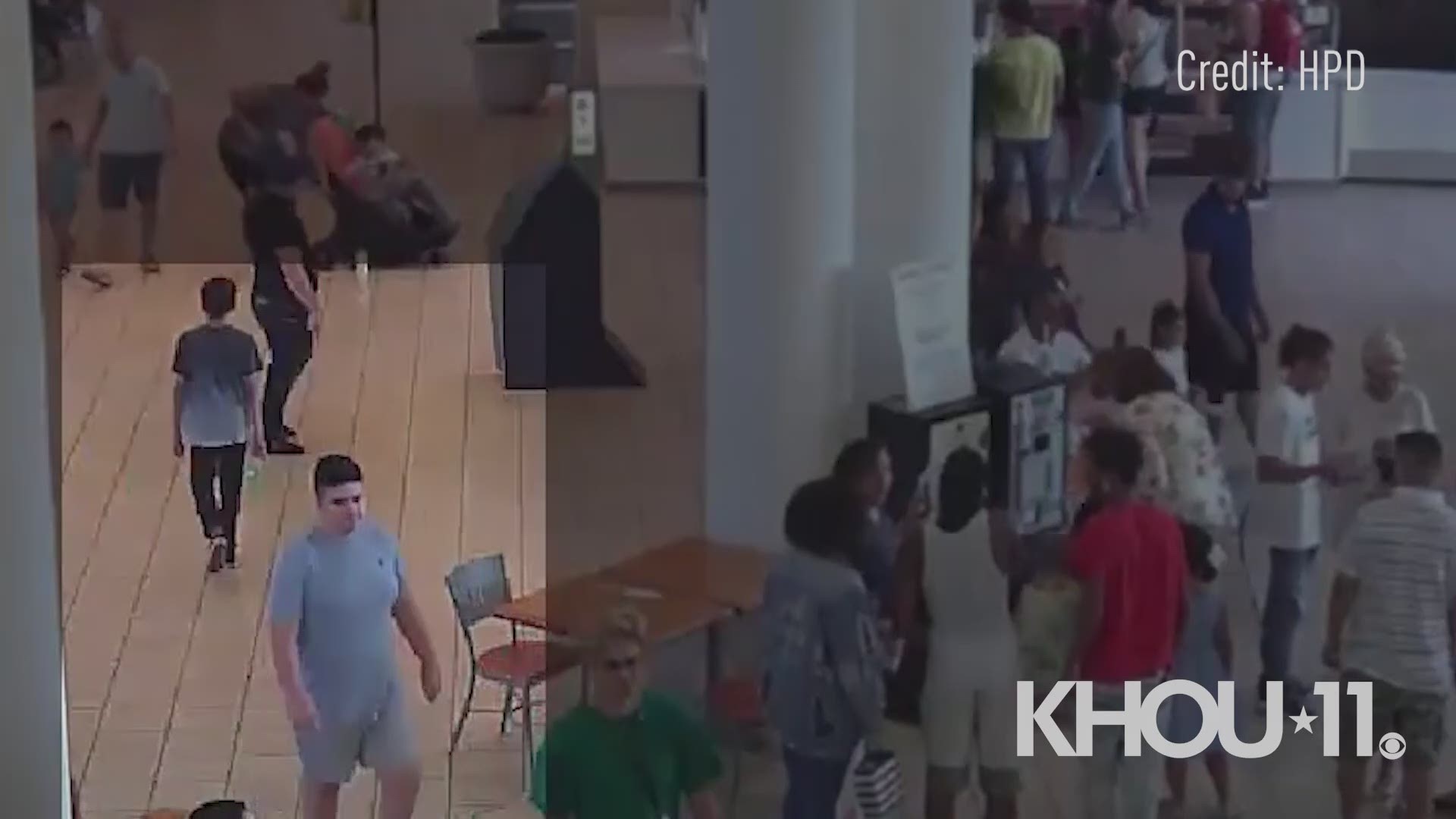 This is surveillance video of the person of interest (in green shirt) in Sunday's incident that panicked shoppers at Memorial City Mall. HPD is also seeking the ID of the male in the gray shirt. He may be an eyewitness or have additional knowledge.