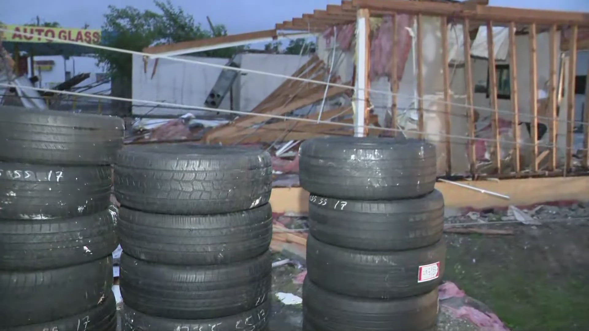 The owner of Eden's Tire Shop, located at Bingle and Sowden Road in Spring Branch, hid behind tires to avoid getting hurt during the storm.