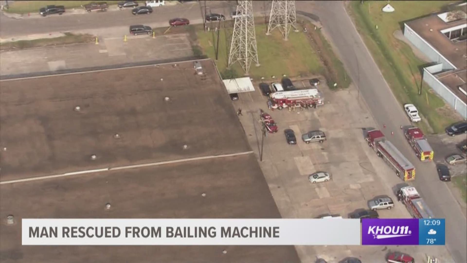 A man is in the hospital after being rescued from a bailing machine in southeast Houston.