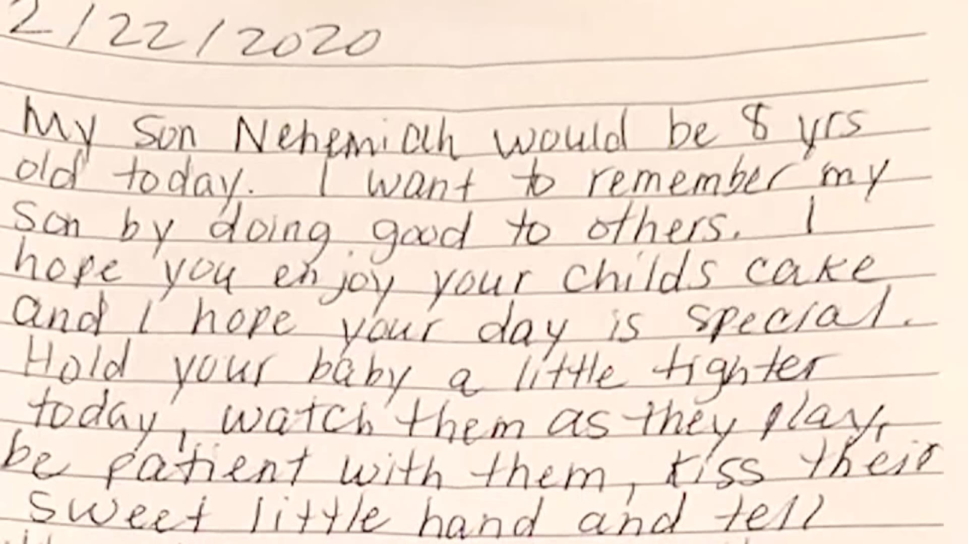 A mother's 8-year-old son dies. To honor his memory she buys a cake for stranger and leaves an emotional note behind.