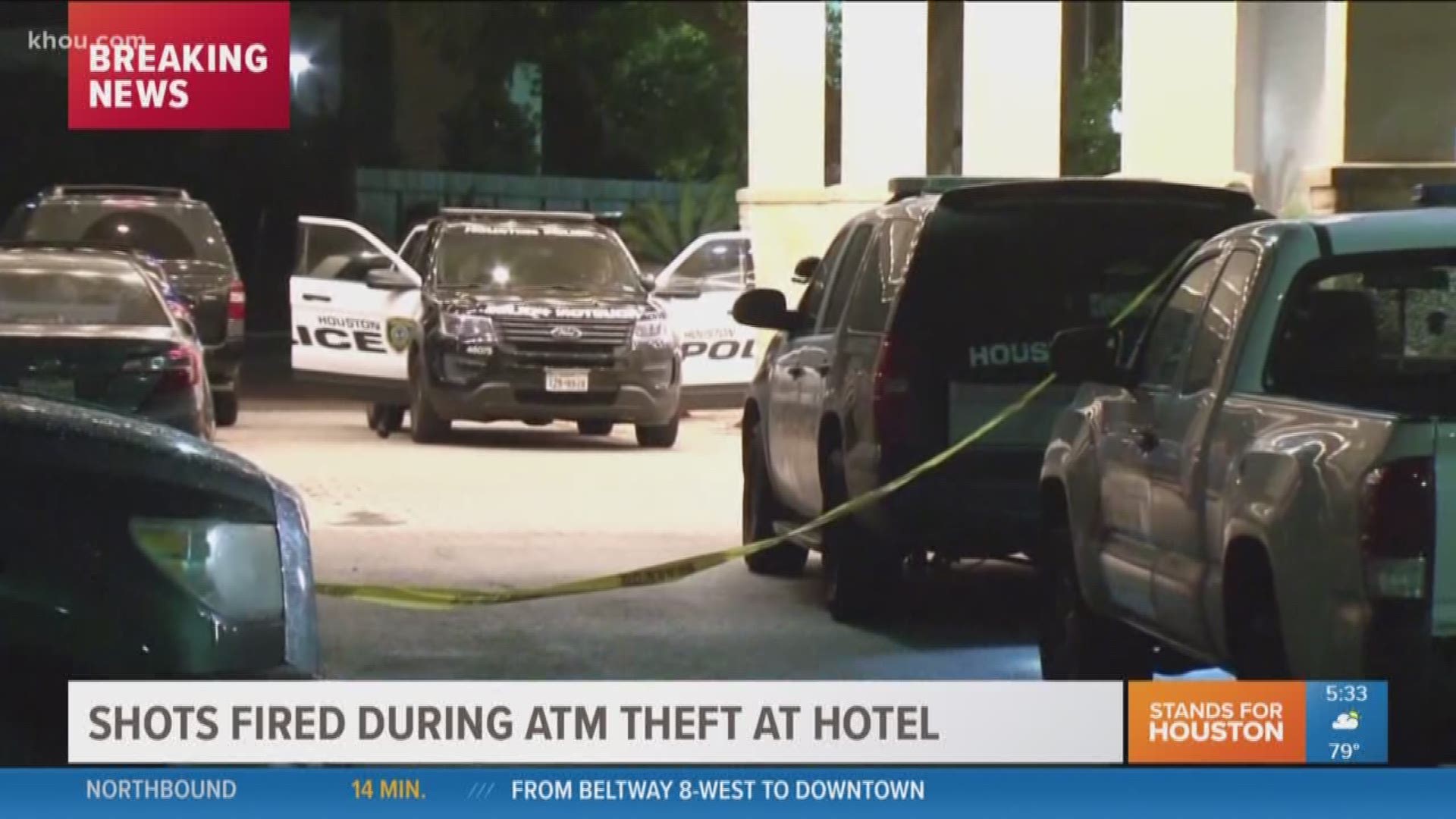Police say shots were fired as thieves got away with an ATM from a hotel in west Houston overnight.