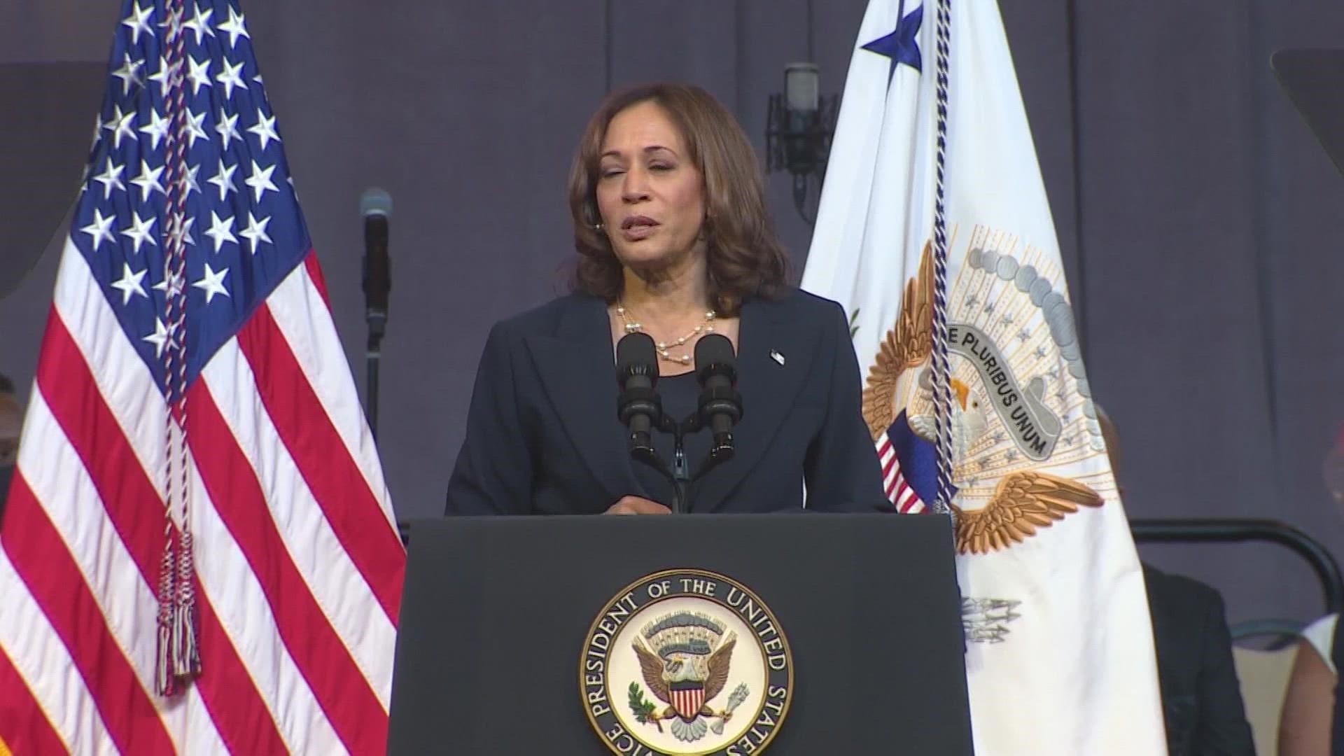 “These are unsettled times and today then I ask on everyone here I ask each one of us to continue to be driven by compassion and optimism," Harris said.
