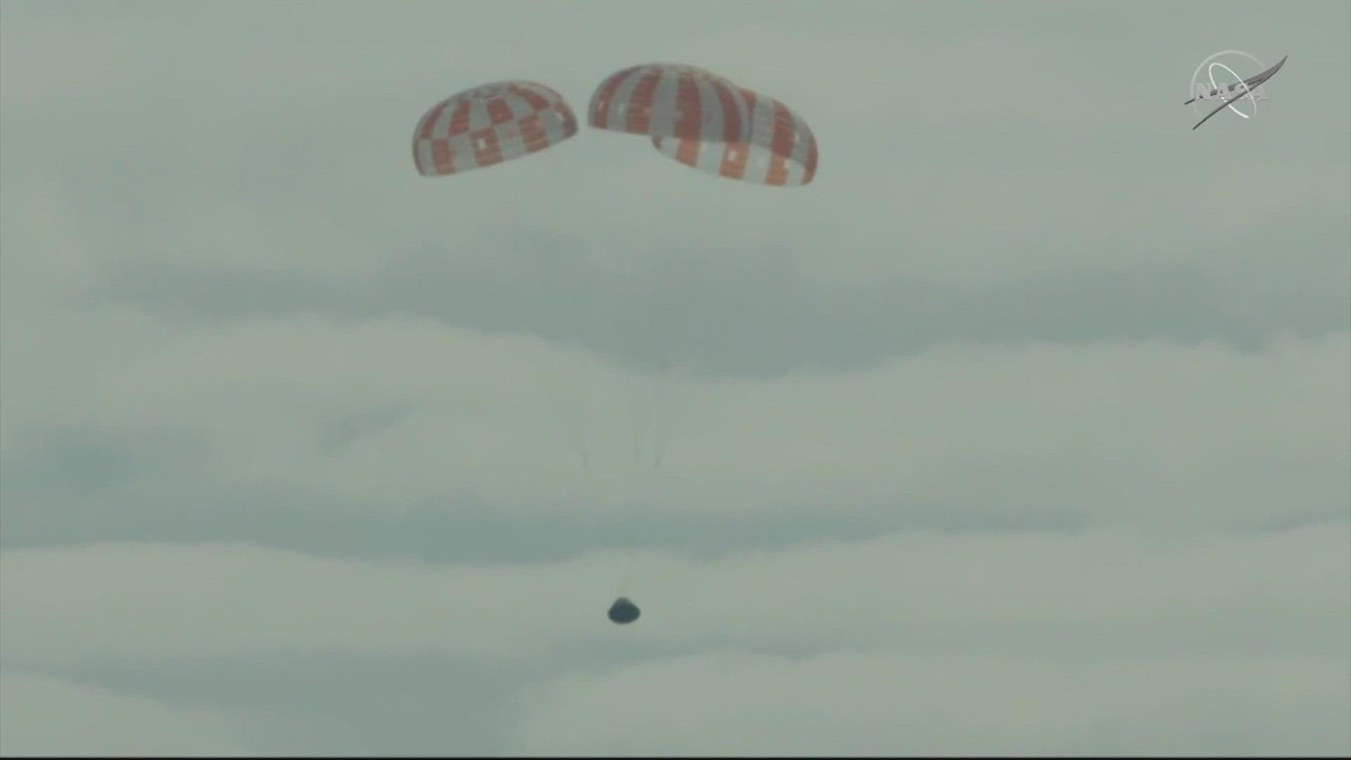NASA's Orion capsule returned Sunday, Dec. 11. Three dummies were onboard, concluding a test flight that should clear the way for astronauts on the next lunar flyby.