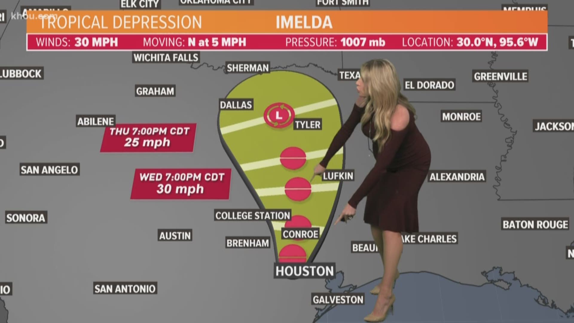 KHOU 11 Meteorologist Chita Craft has this 6 a.m. update on Sept. 18, 2019. Tropical Depression Imedla is moving inland.