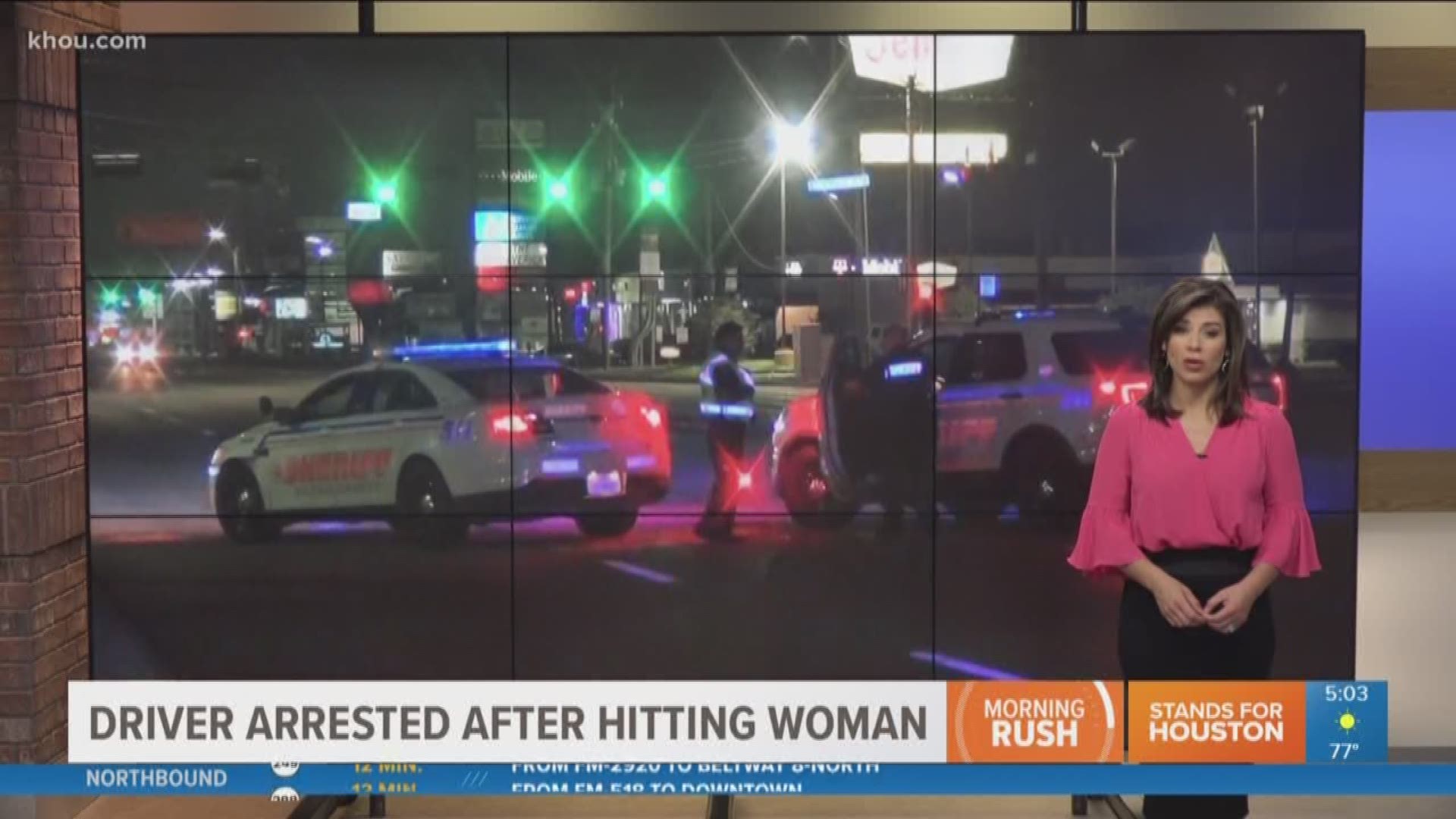 A woman was arrested after deputies say she fled the scene of a hit-and-run that left a female pedestrian injured in north Harris County overnight.