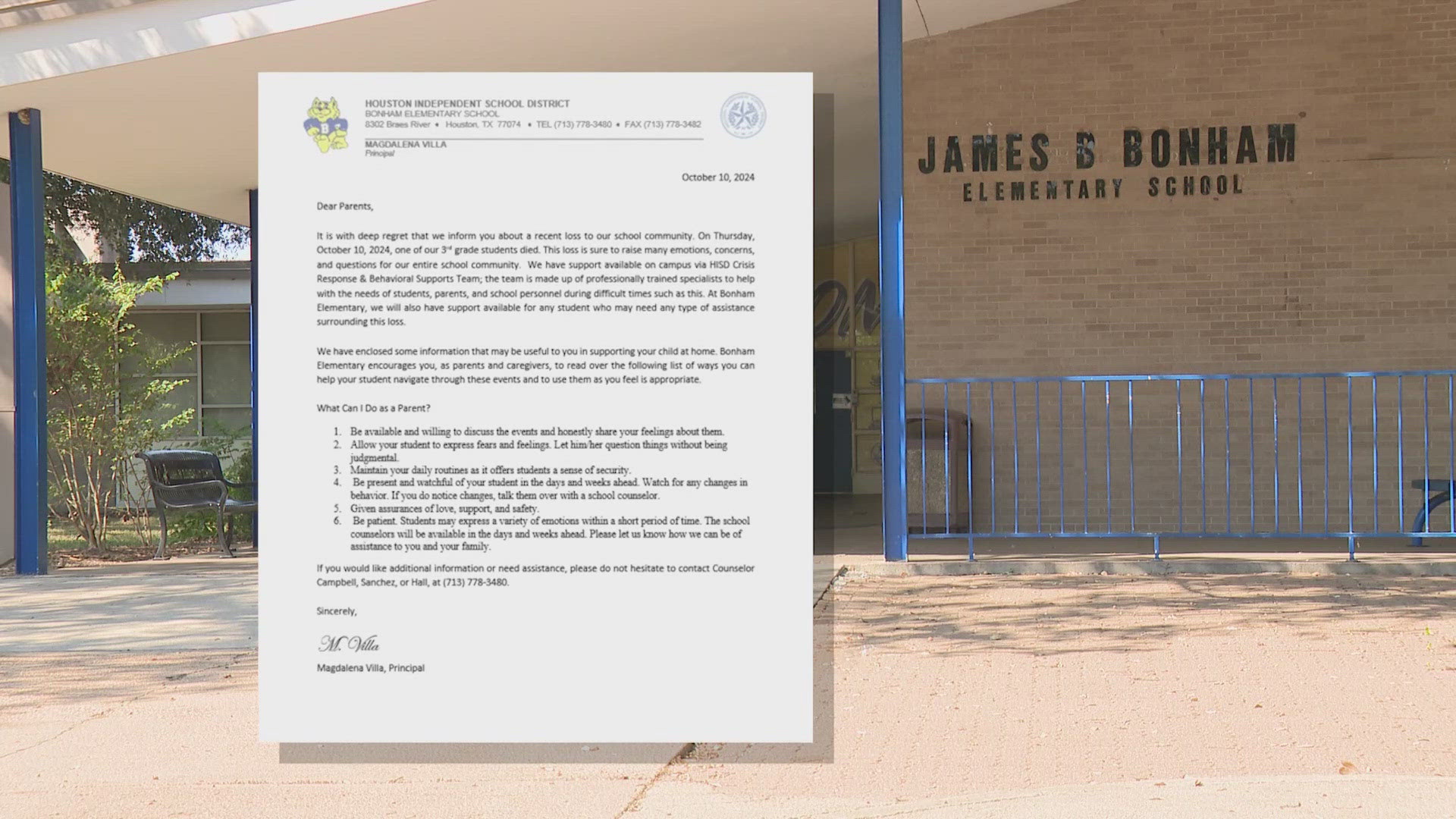 HISD also confirmed that a third-grade student at Bonham Elementary died last Thursday and parents were notified that day in a separate letter.