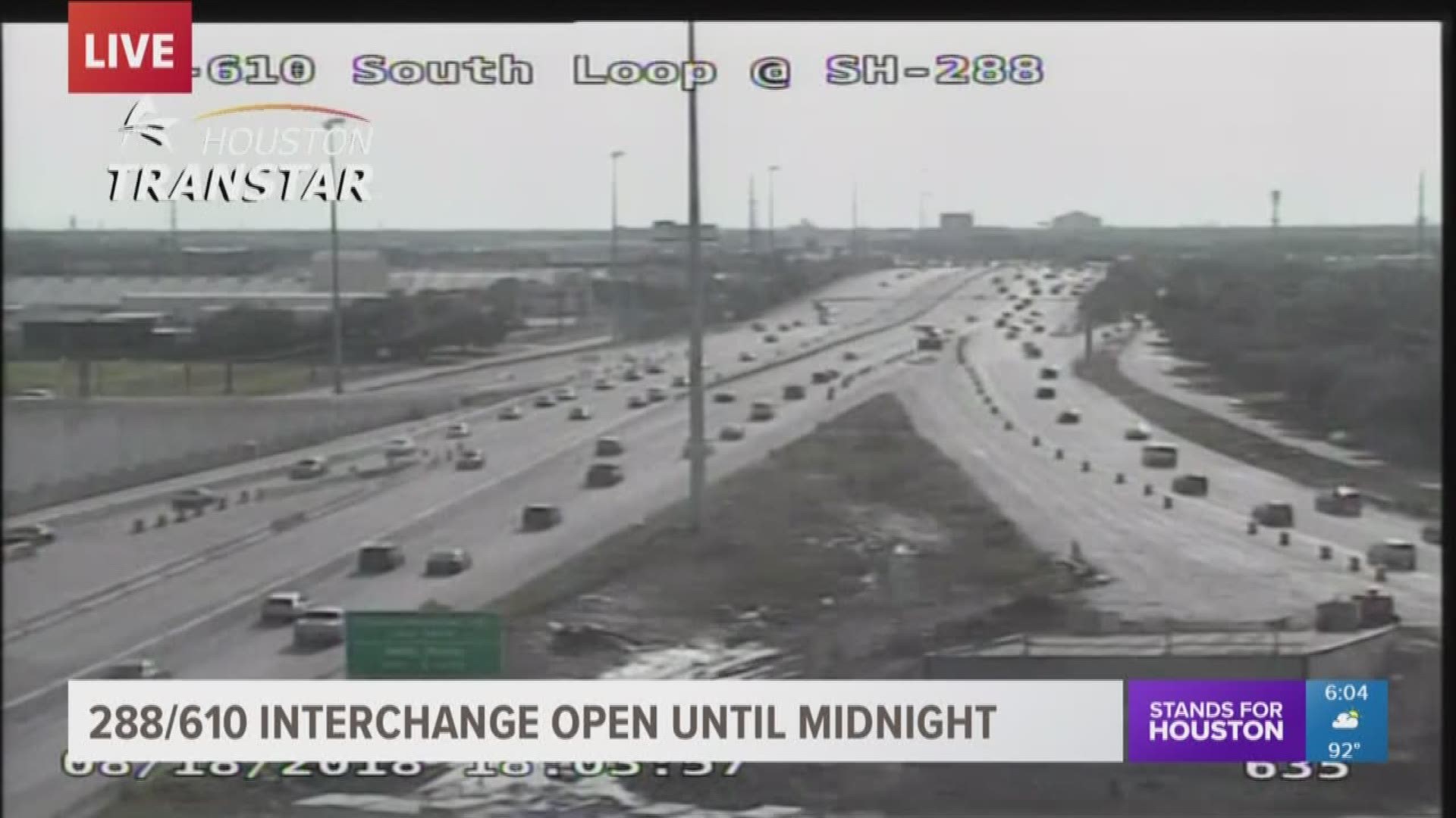 The 288-610 interchange will be open until midnight. But after that, construction crews will close the interchange - all lanes in all directions - for the rest of the weekend.