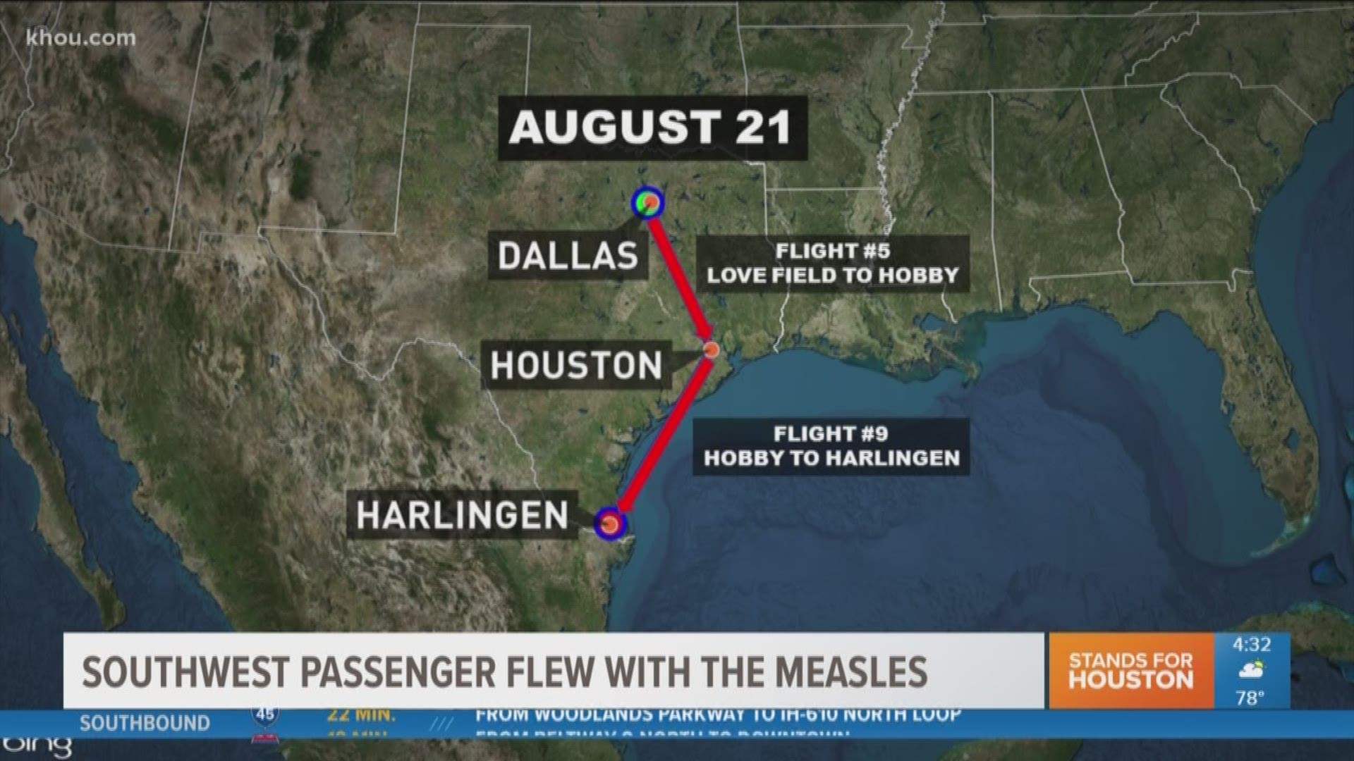 Top headlines at 4:30 a.m. include a Southwest Airlines passenger with Measles traveled through Houston, a former teacher at Cypress Springs High School is going to jail for having sex with a student and rain is in the forecast for the weekend. 