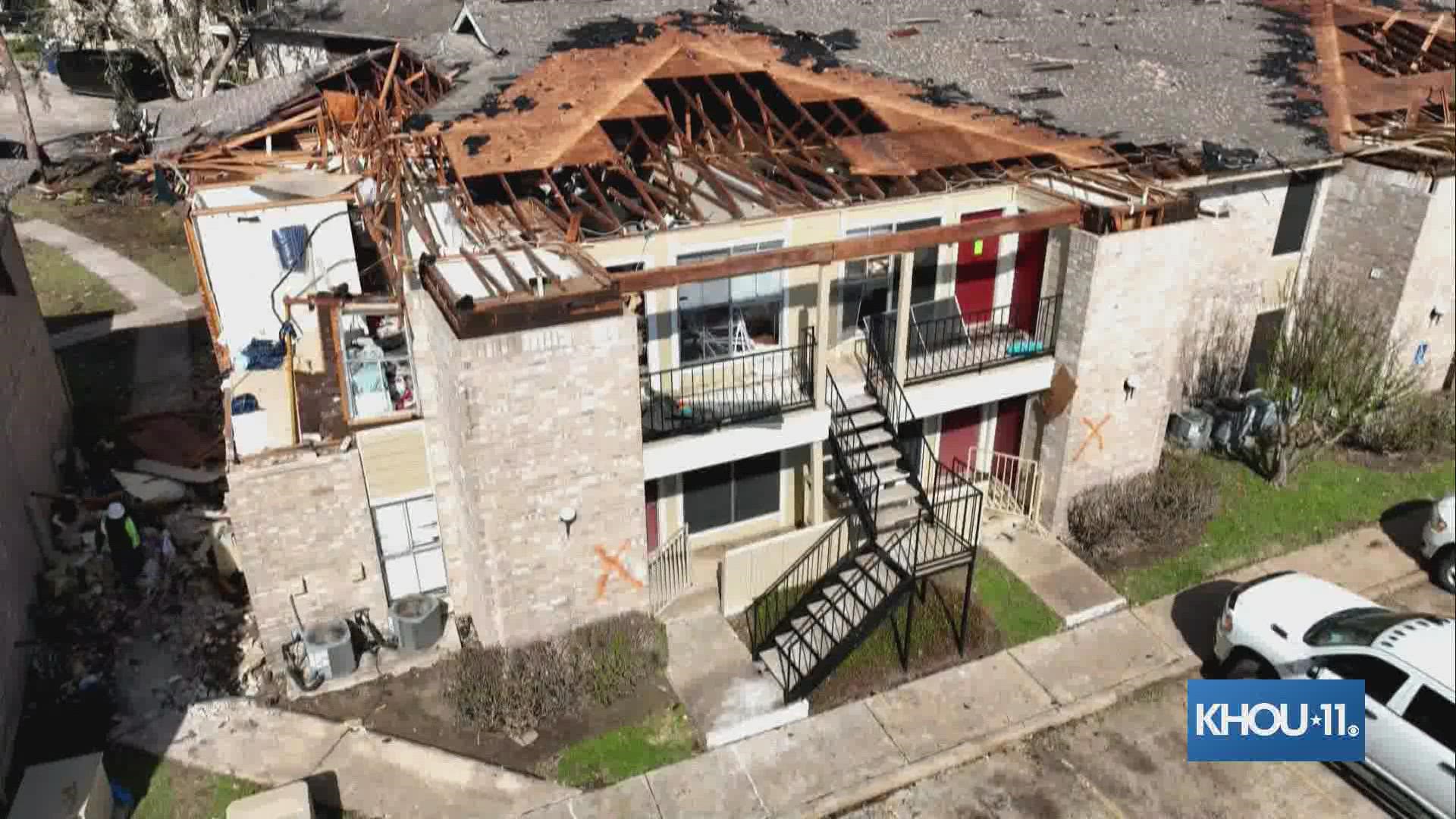 Drone video shows extensive tornado damage at the Beamer Place Apartments in southeast Houston. A tornado ripped through the area Tuesday, Jan. 24.