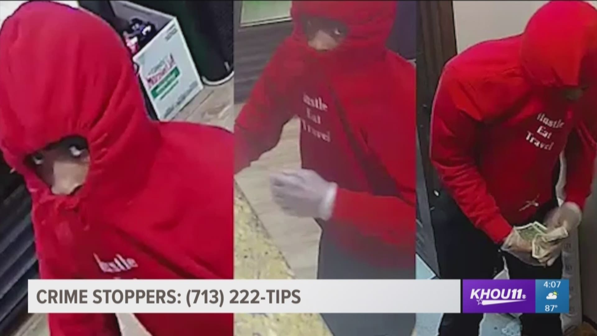 Houston Police are searching for three men accused of robbing a pizza shop near NRG Stadium.