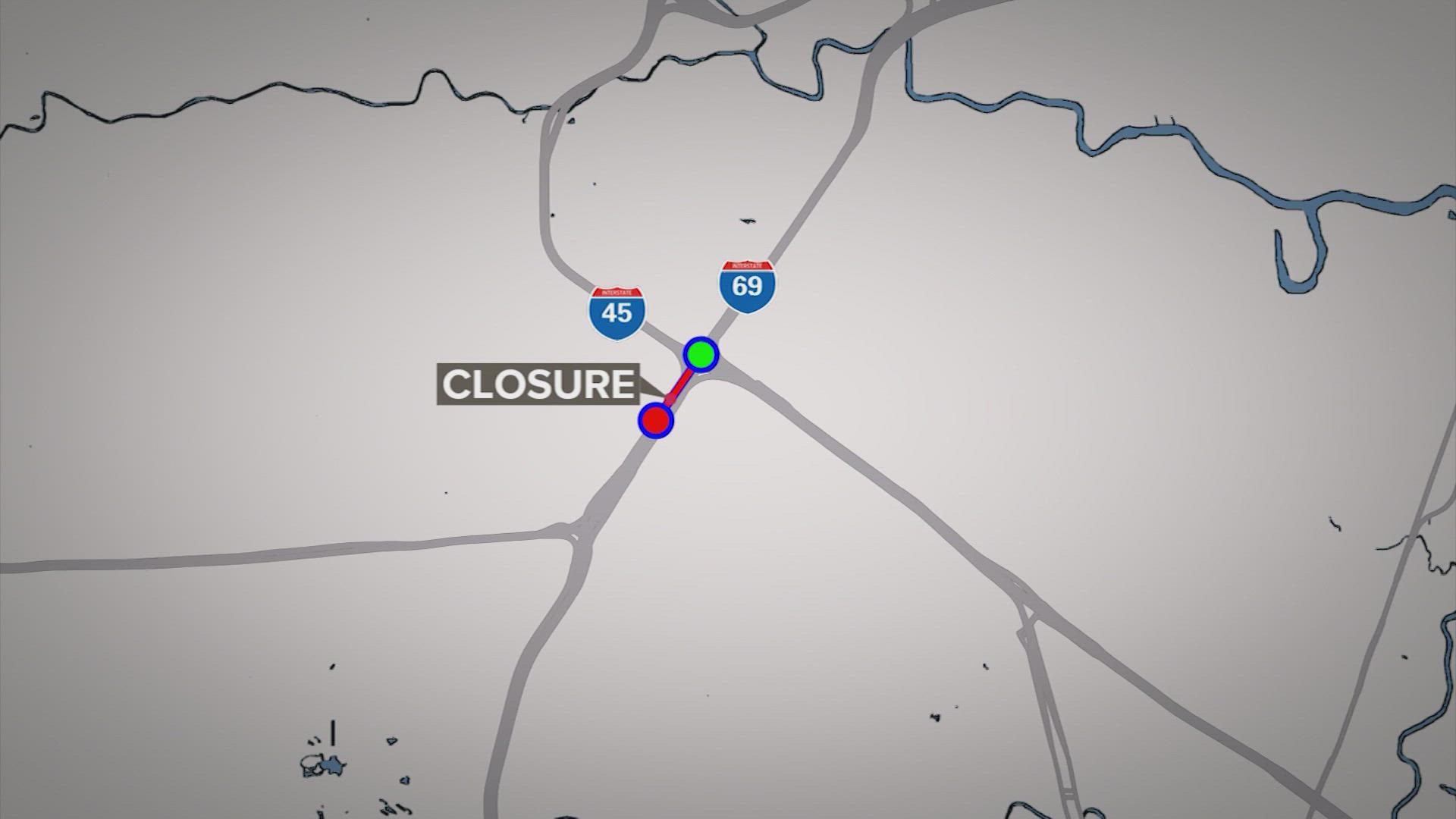 All of the southbound lanes of the I-69/Eastex Freeway at I-45/North Freeway will be closed for construction starting at 9 p.m. Friday.