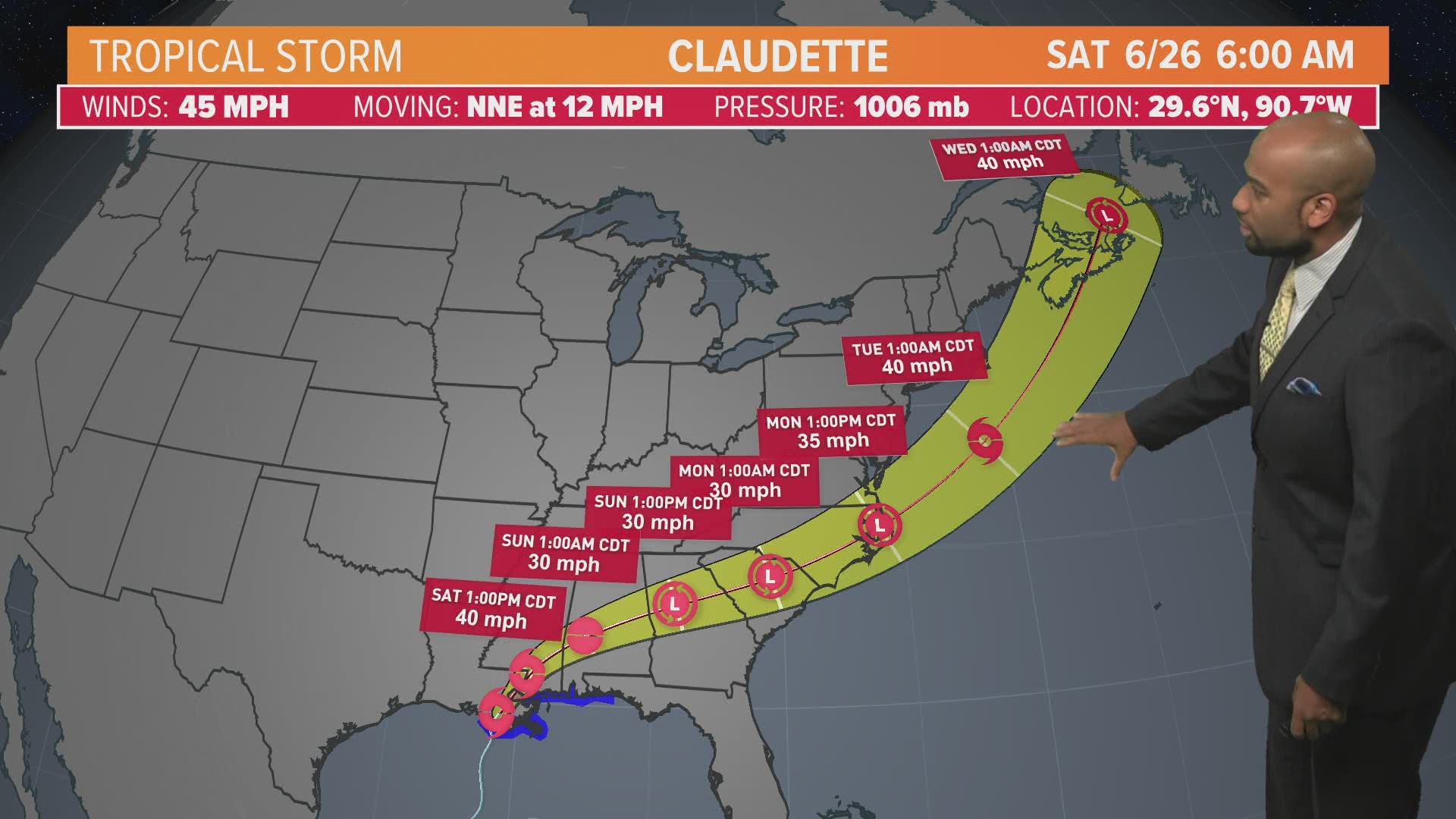 We now have Tropical Storm Claudette. The system in the Gulf strengthened into a tropical storm just outside of New Orleans Saturday morning.
