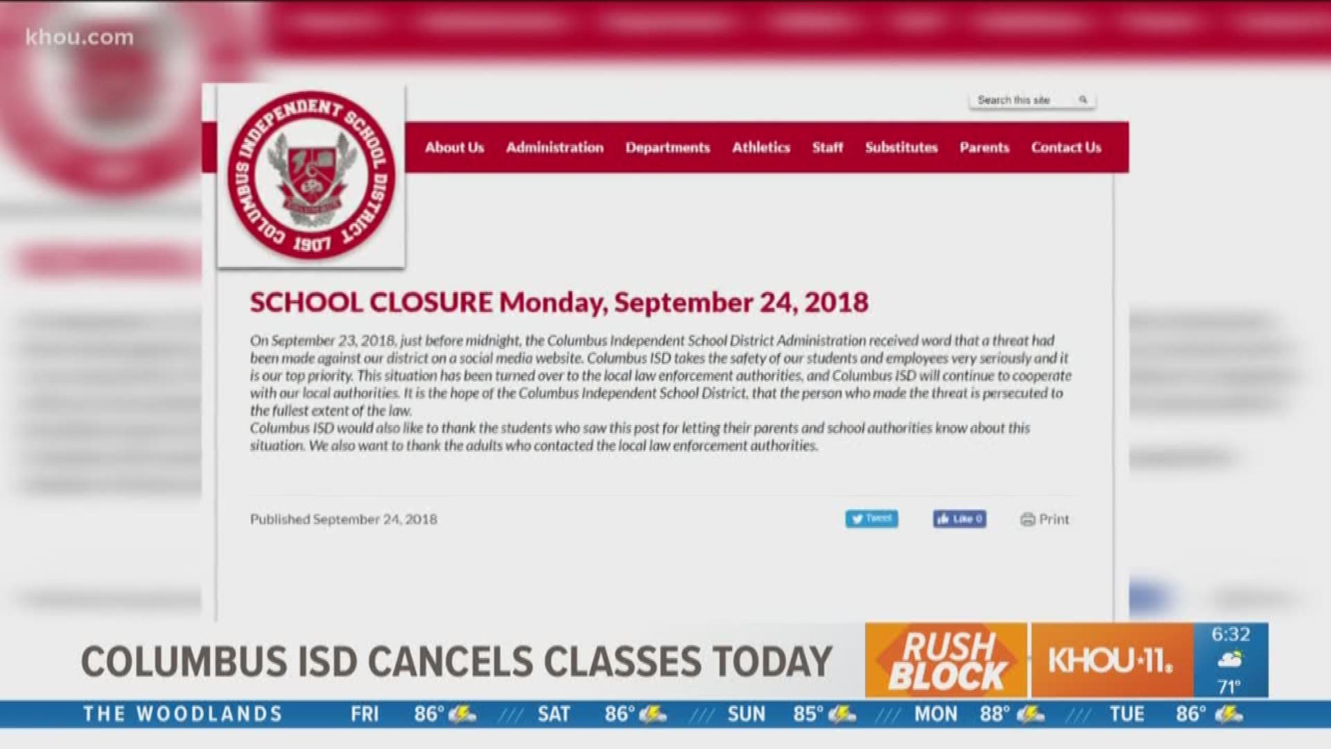 Classes have been cancelled for Monday in Columbus ISD after a threat was made on social media, school administrators say.