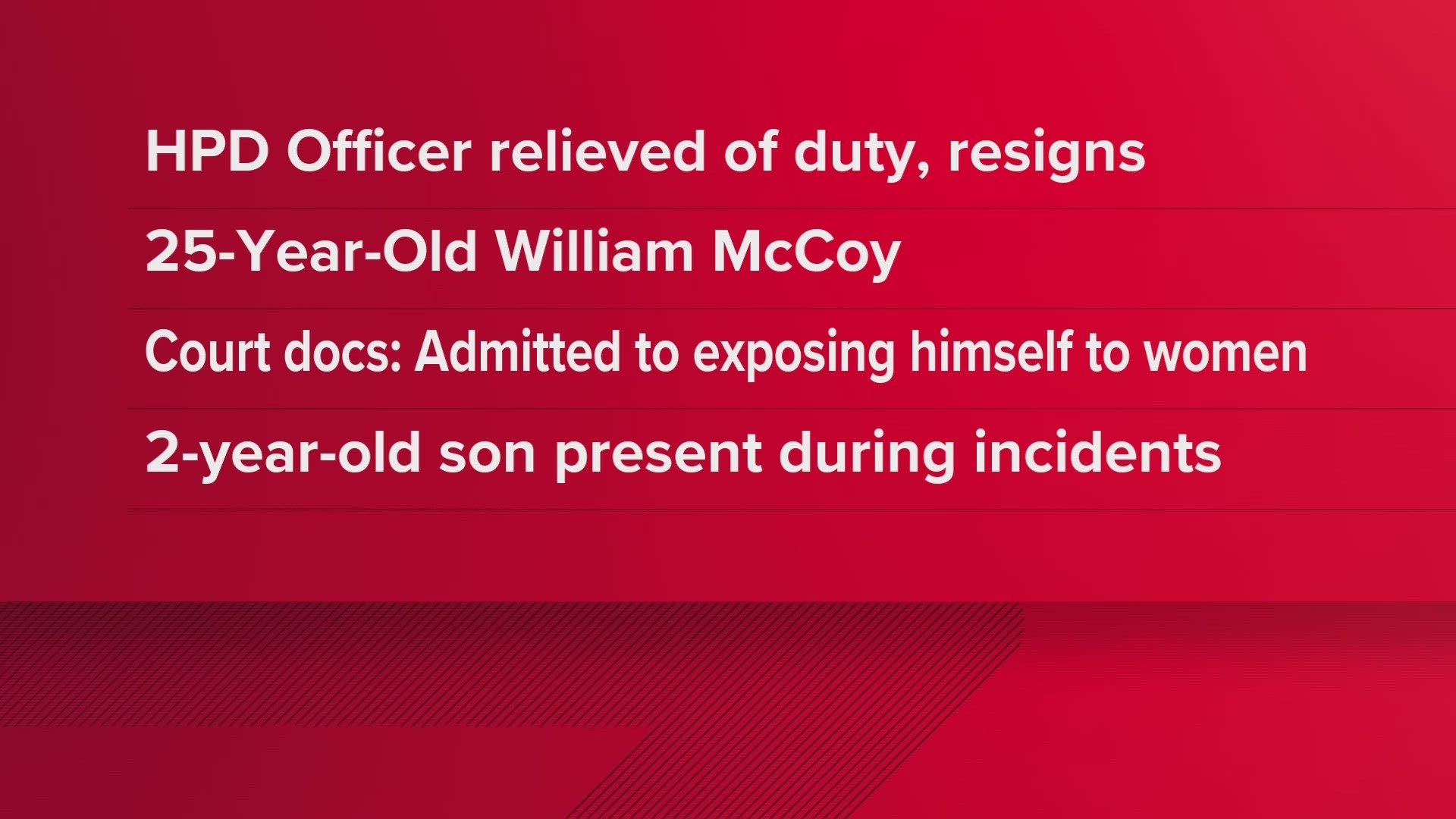 The HPD officer has been identified as William McCoy, 25. He was initially relieved of duty by the department before resigning on Monday, August 28.