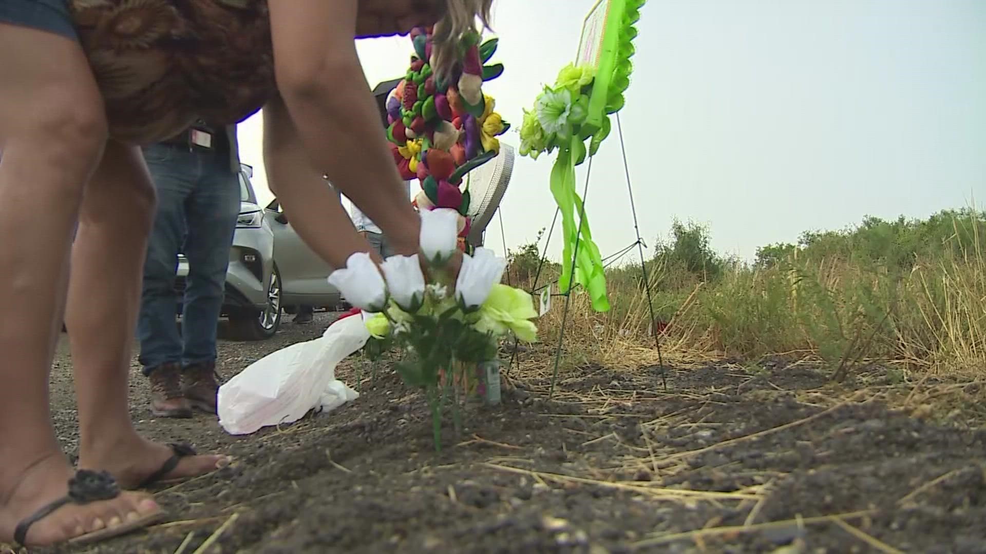 Crosses are being placed at the exact location the trailer was found along a desolate stretch of road in southwest San Antonio.