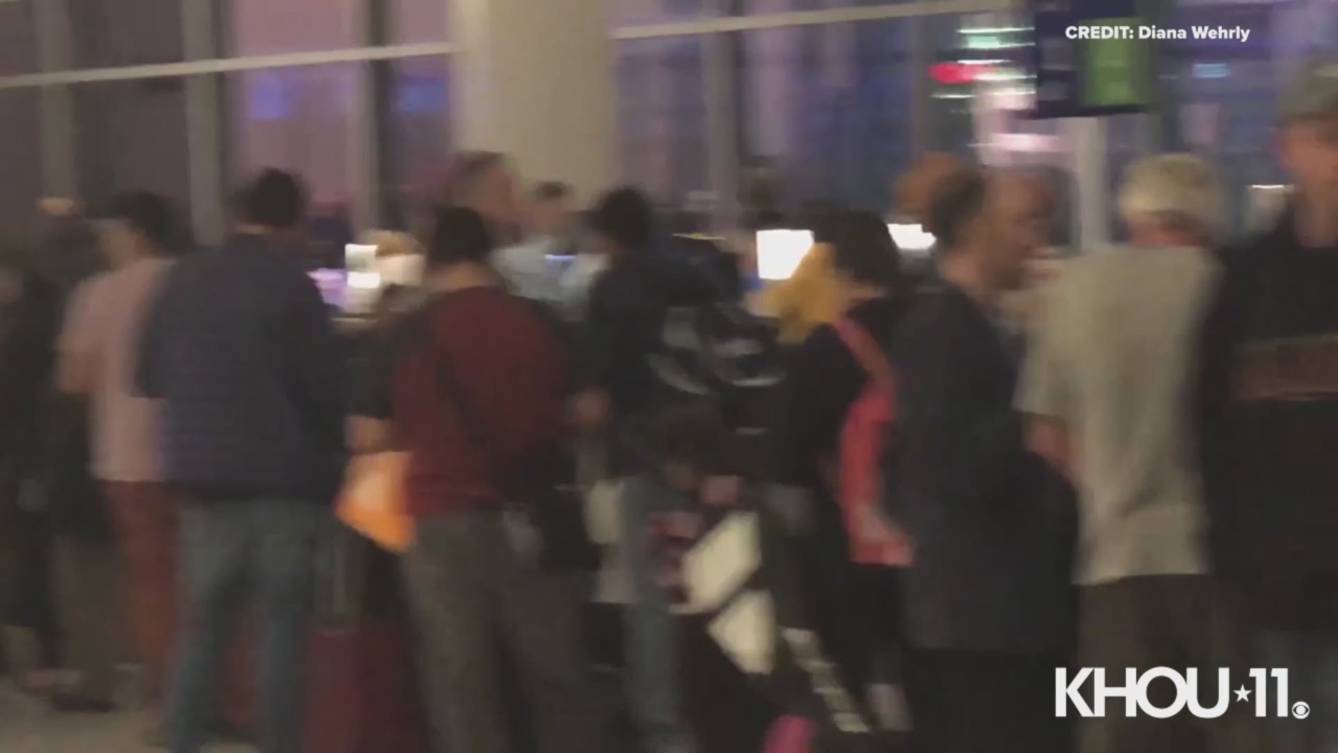 Hundreds of travelers at Bush Intercontinental Airport were left stranded after their flights were cancelled or delayed due to heavy storms moving through Southeast Texas overnight.