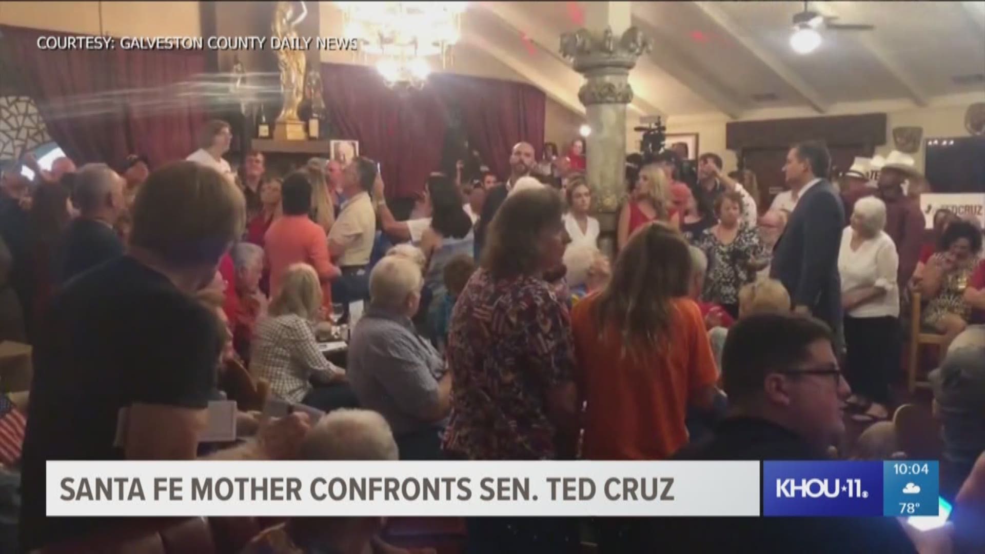 The mother of a Santa Fe shooting victim confronted Sen. Ted Cruz at a rally in Webster about gun control.