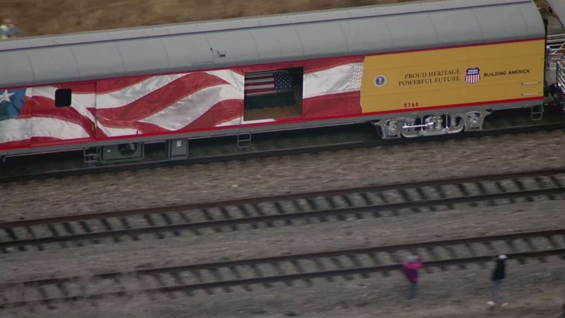 President George H.W. Bush's train is seen from the air on its route to Bush's final resting place in College Station.