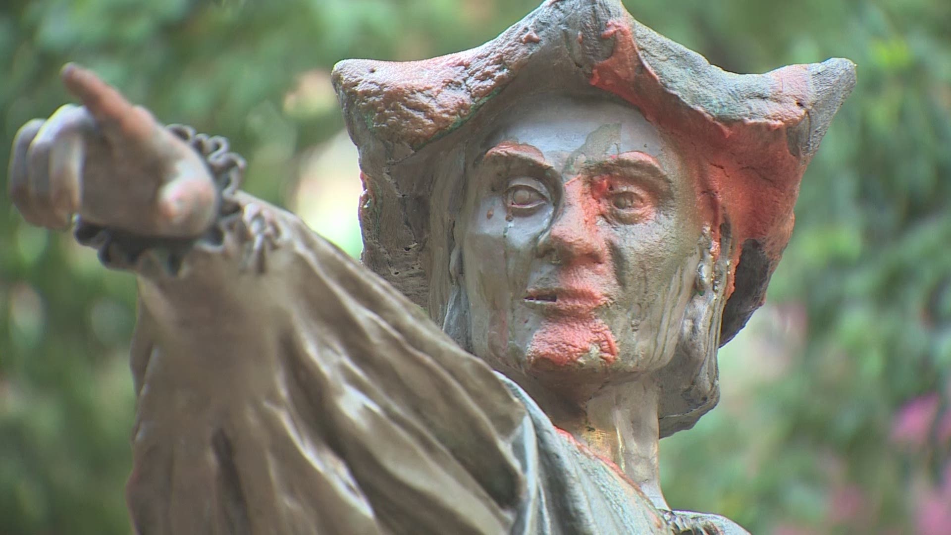 The Christopher Columbus statue in Houston's Bell Park has been vandalized for a third time in the last week. Someone splashed the statue with tomato sauce.