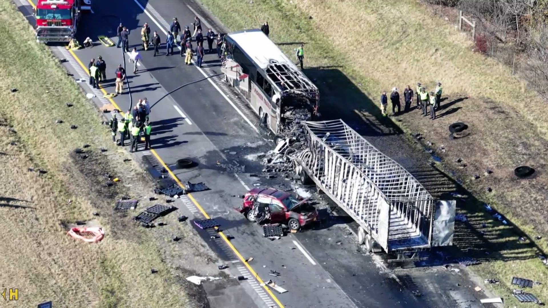 The charter bus was transporting students from the Tuscarawas Valley Local School District in eastern Ohio. There were a total of 57 people onboard.