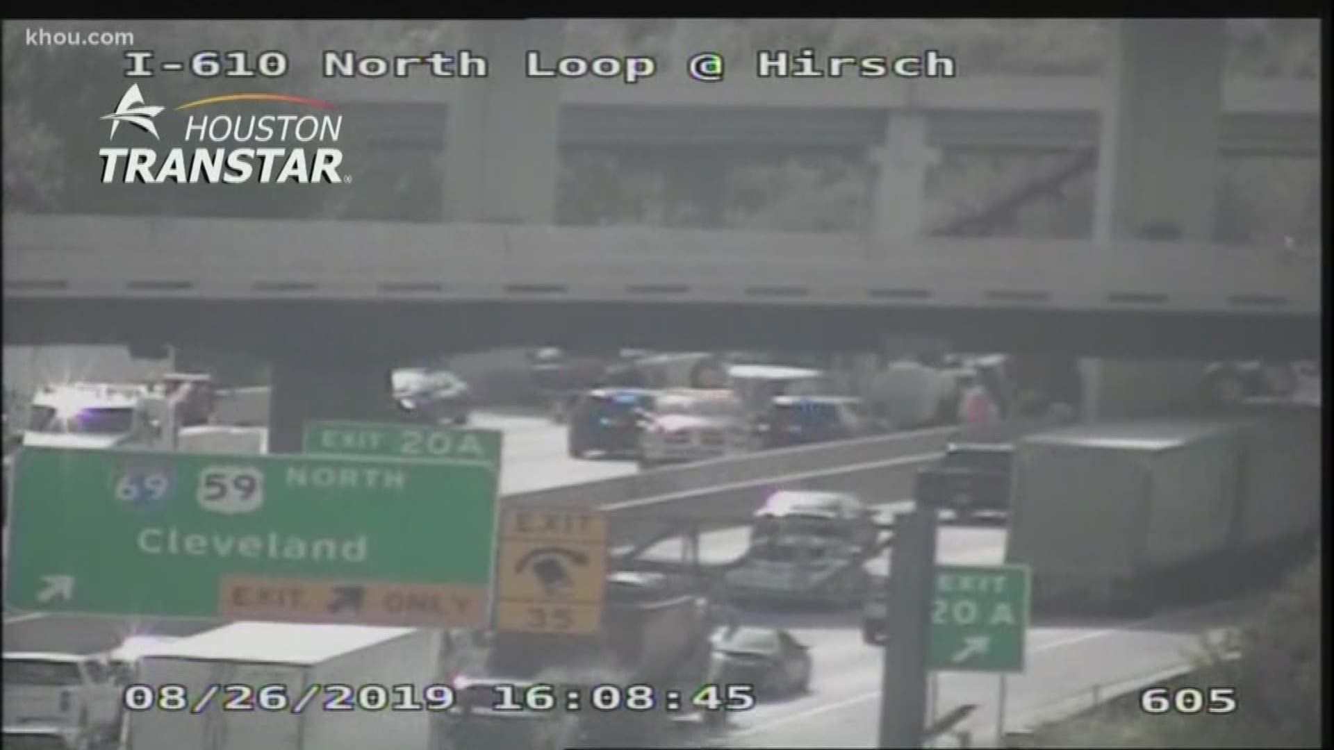 Multiple eastbound lanes on the North Loop near the Eastex Freeway are closed after a dump truck carrying sand crashed. Police said sand spilled all over the freeway.