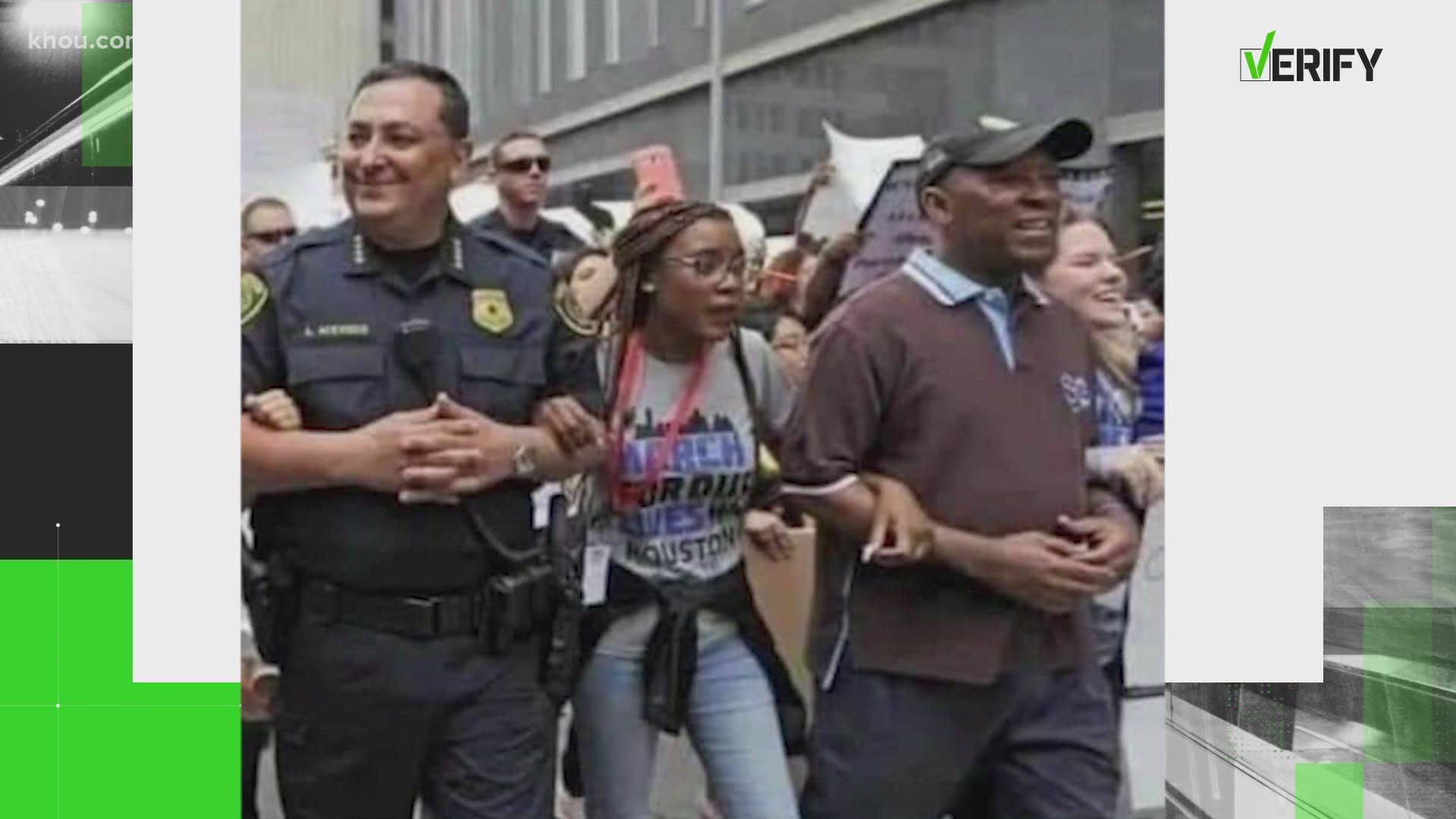 The photo implies that Mayor Sylvester Turner and Police Chief Art Acevedo were not wearing masks at a George Floyd rally in downtown.