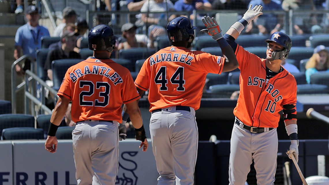 Houston Astros' Yuli Gurriel wears a tribute to his mom on