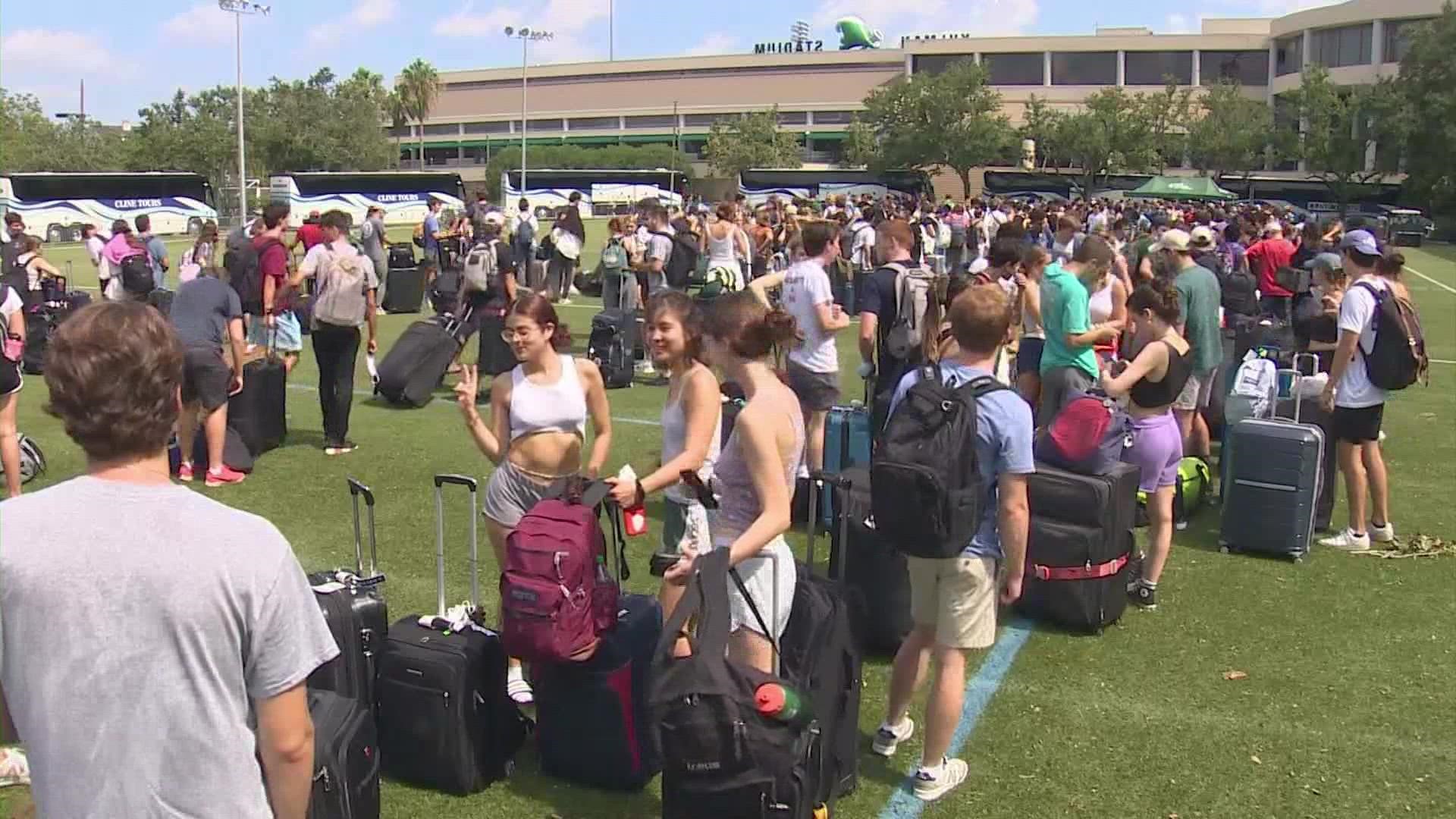 Tulane University students evacuated campus and headed to Houston. Students who can't go home will be given a place to stay and meals while they're away.