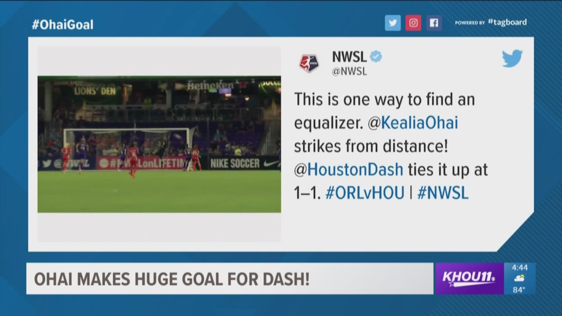 An amazing play by Kaleia Ohai, who scored a goal to help the Houston Dash tie Orlando 1-1. It's the same field where Ohai tore her ACL in 2017, ending her season.