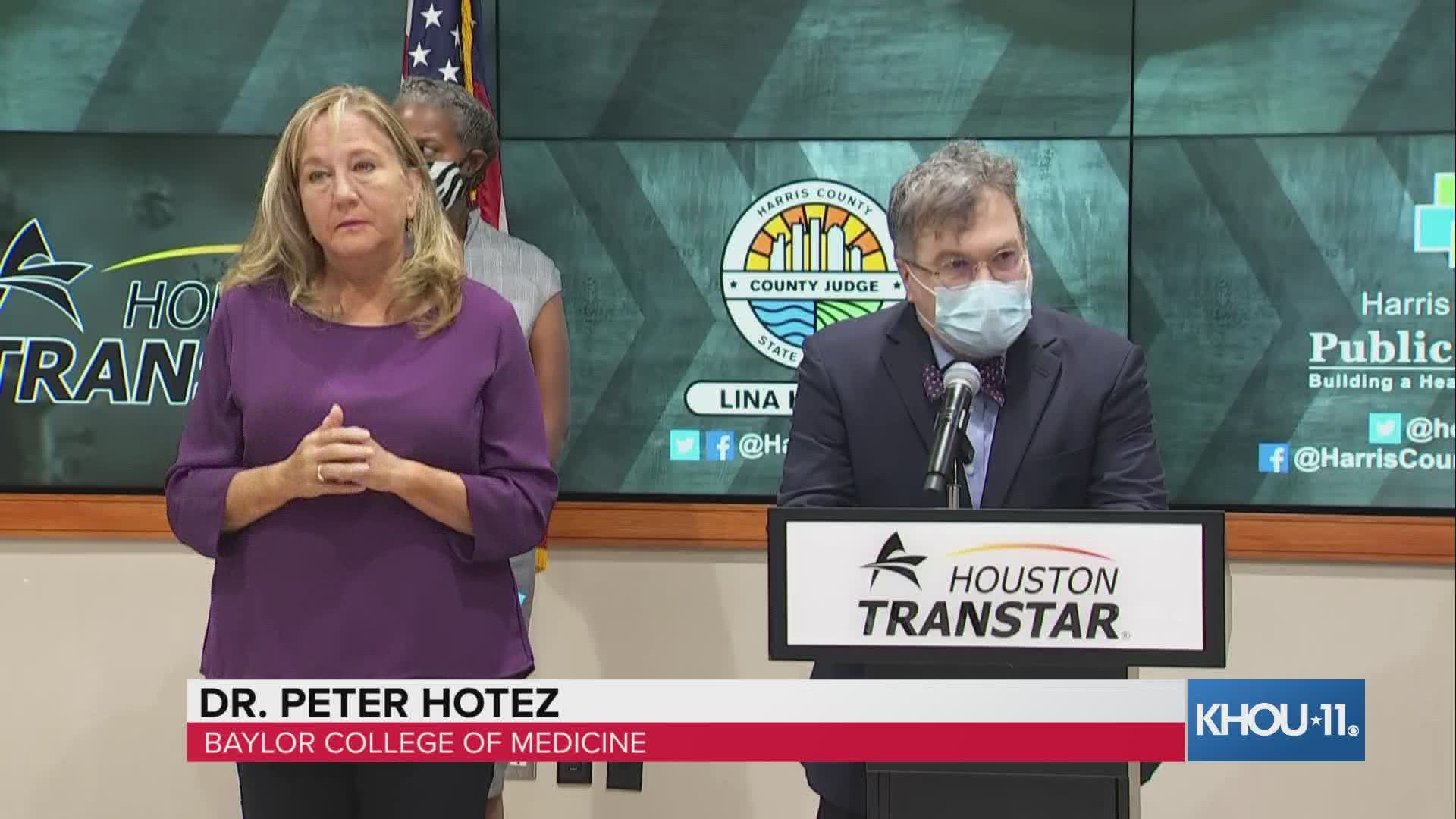 Judge Lina Hidalgo was joined by public health and emergency officials along with Dr. Peter Hotez from Baylor College of Medicine at an 11 a.m. press conference.