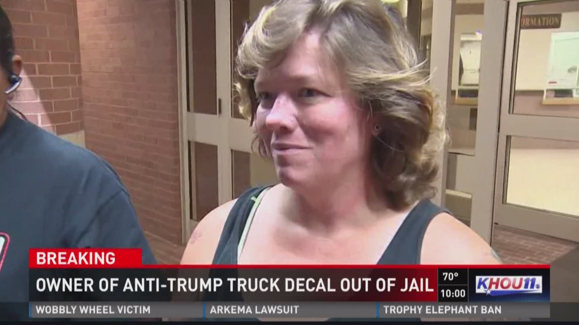 The owner of the truck with a "F__k Trump" sticker was released from jail Thursday night after her husband posted her bond.