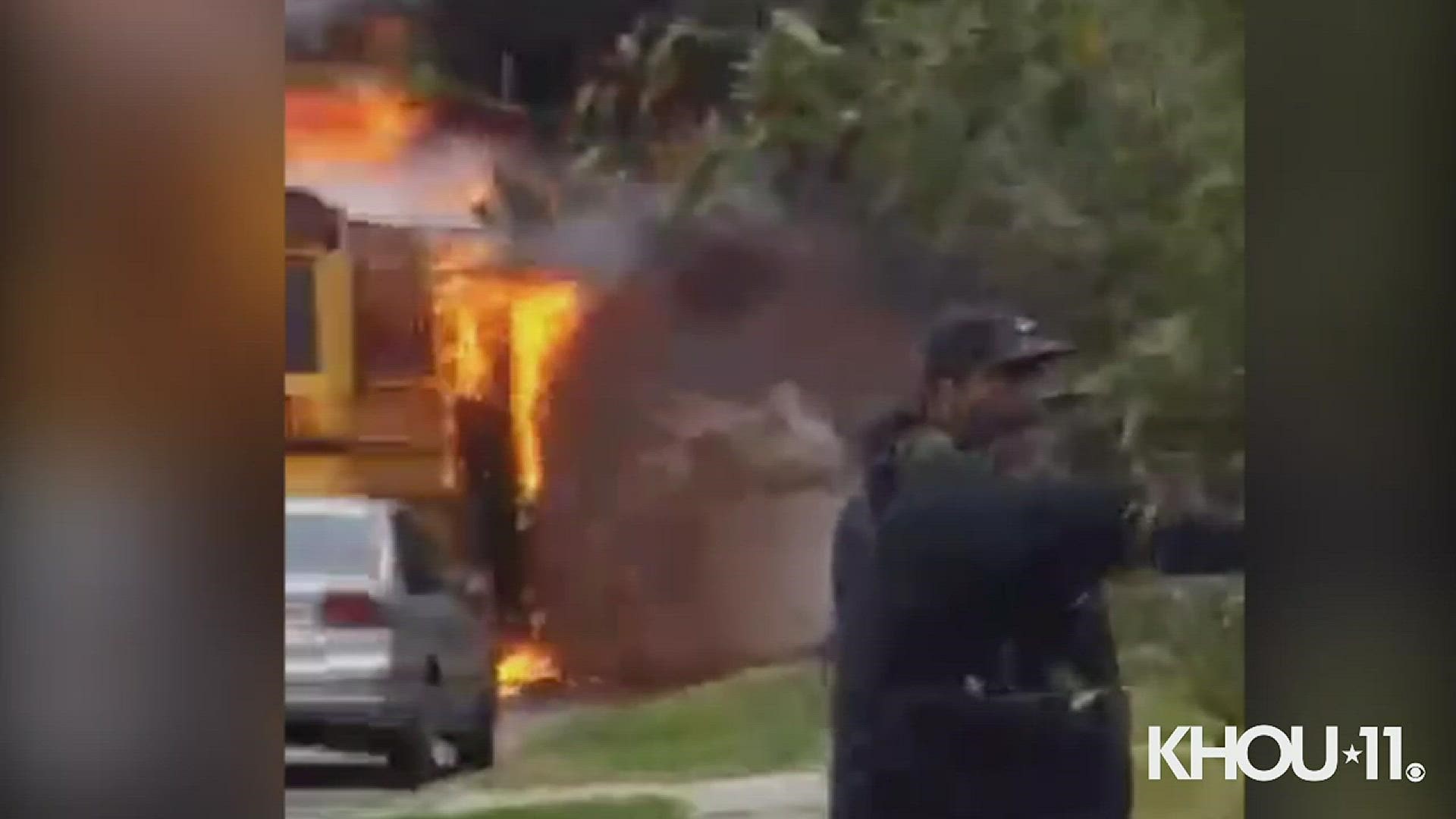 A Dickinson ISD bus driver got her students out safely after their school bus caught fire in a Galveston County subdivision Wednesday night.