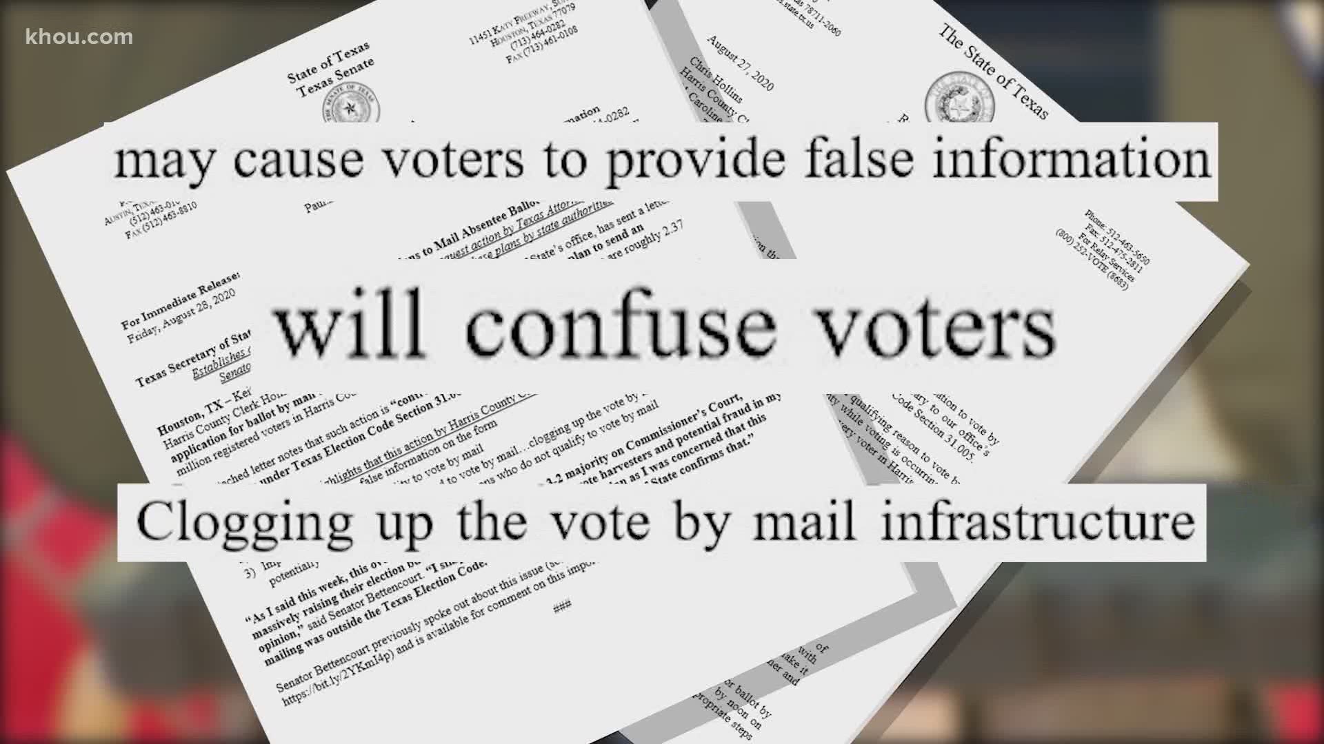 State officials say Harris Co. has until Monday, Aug. 31 to drop a plan to send mail-in ballot applications to all of its more than 2 million registered voters.