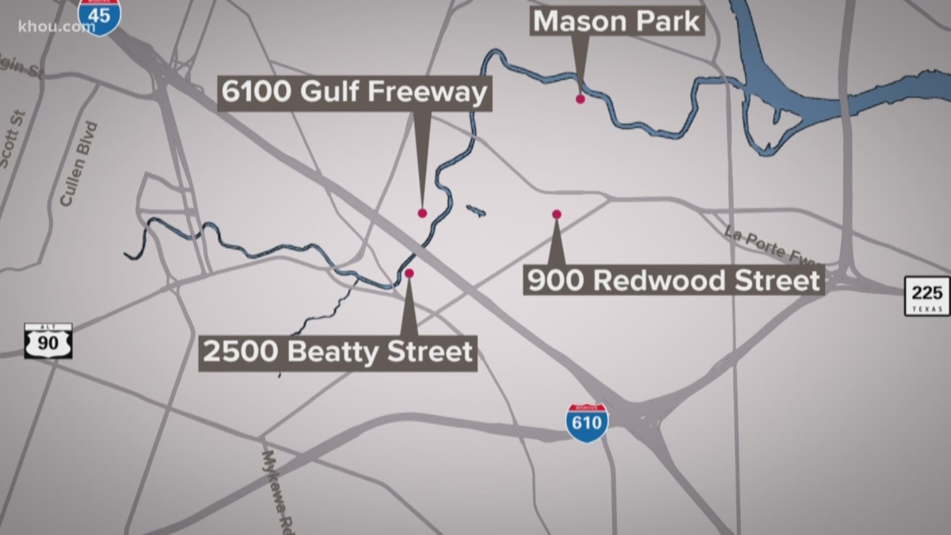 Multiple people were stabbed Monday during separate robberies along Brays Bayou in southeast Houston, according to police.