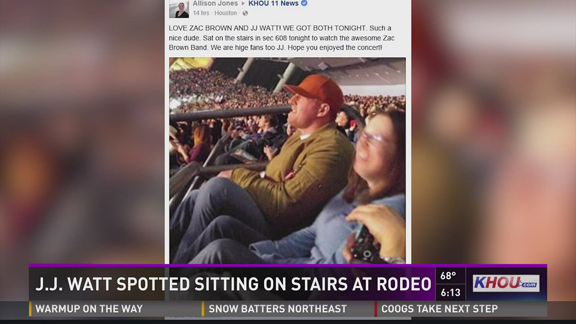 Houston Texans star J.J. Watt was spotted watching Zac Brown Band Monday night at RodeoHouston in the upper deck.