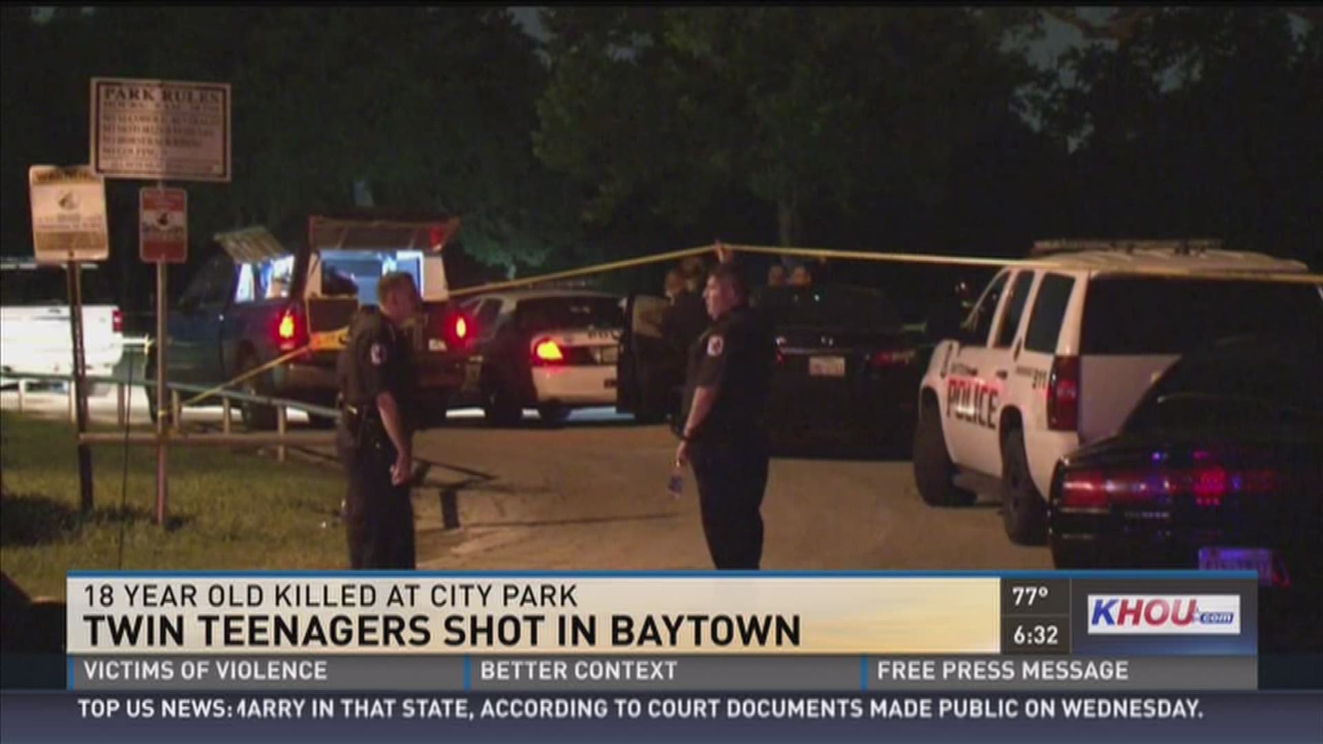 Police are searching a group of suspects after a teen was killed and his twin brother was wounded in a shooting at a Baytown park Wednesday night.