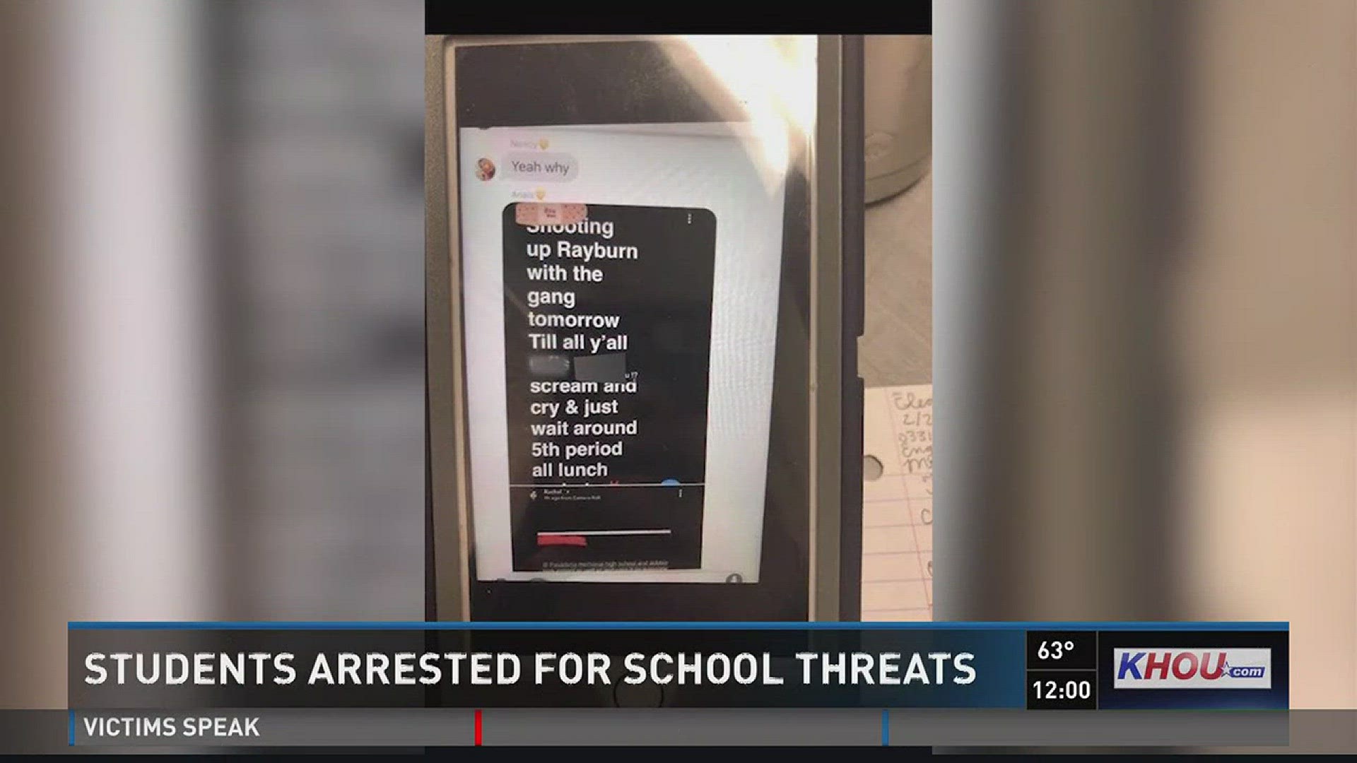 Another Pasadena ISD student was arrested Monday and charged with making a terroristic threat on Snapchat. The unidentified student from Pasadena Memorial High School, made the threat against Sam Rayburn High School early Monday, according to Pasadena PIO