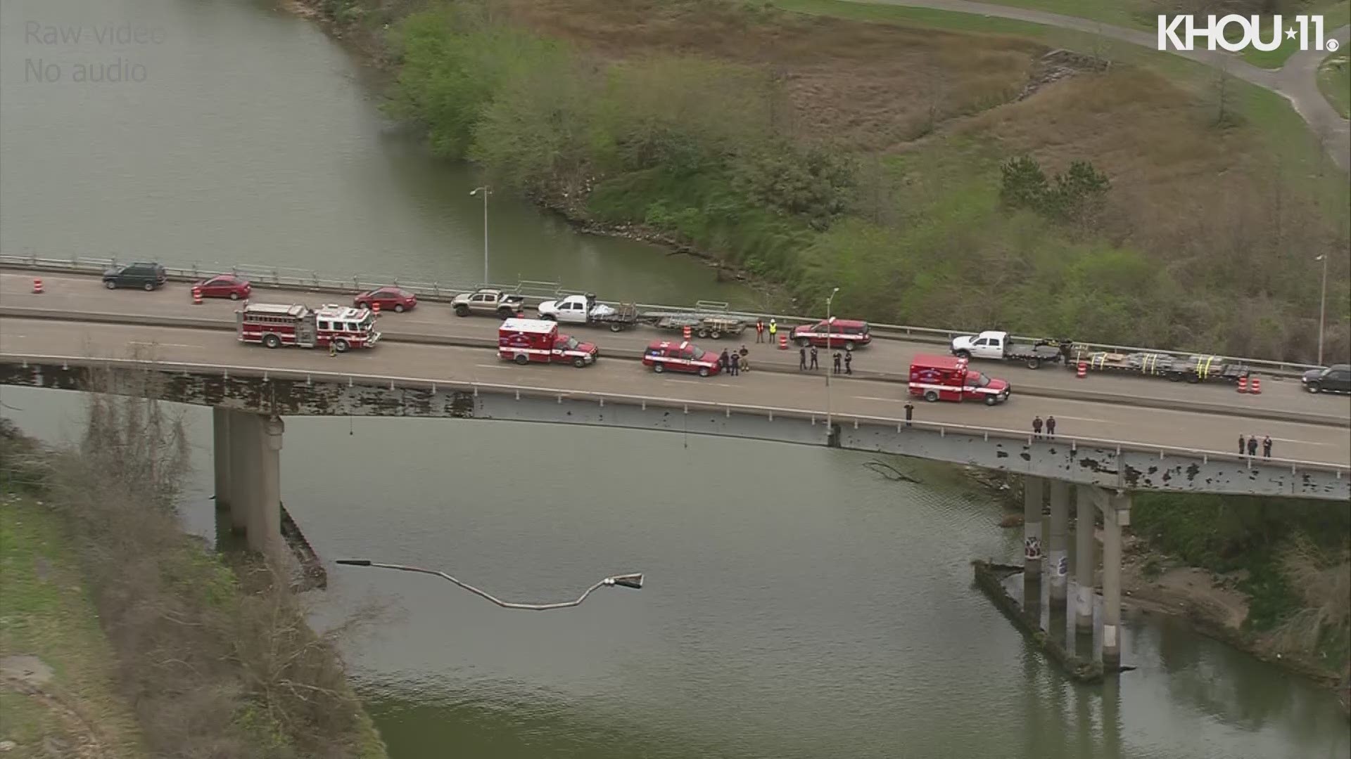 The scene in east Houston where crews worked to pull a body from Buffalo Bayou near Hirsch Road on Feb. 19, 2020.