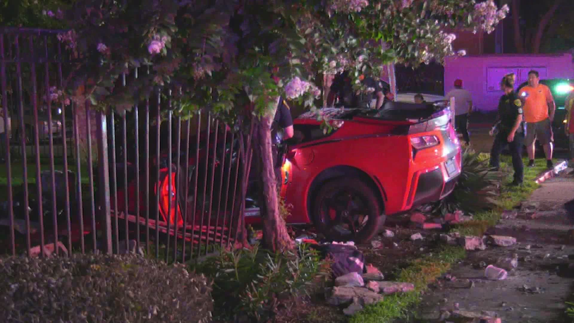 The driver of a red Corvette had to be cut out of his vehicle after crashing through a fence during a police chase in southeast Houston.
