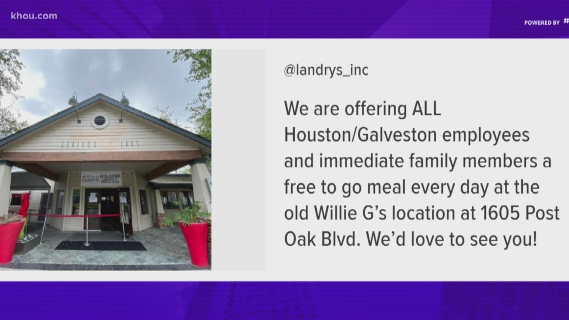 Landry's is offering free to-go meals every day to firefighters, paramedics, EMTs and police officers through the coronavirus pandemic.