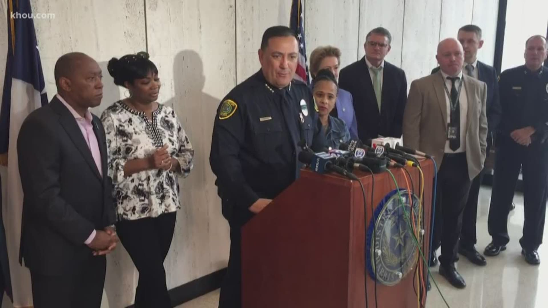 A teenager has been charged and arrested in an "ongoing gang war" that led to two murders last year, Houston Mayor Sylvester Turner, District Attorney Kim Ogg and Police Chief Art Acevedo announced Friday.