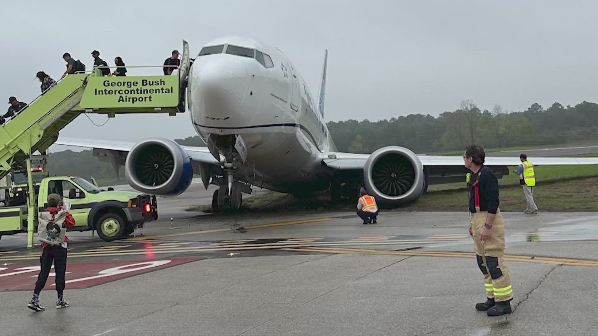 According to United, the flight from Memphis landed, but as it was leaving the runway to head to the gate, it went off the pavement and into the grass.