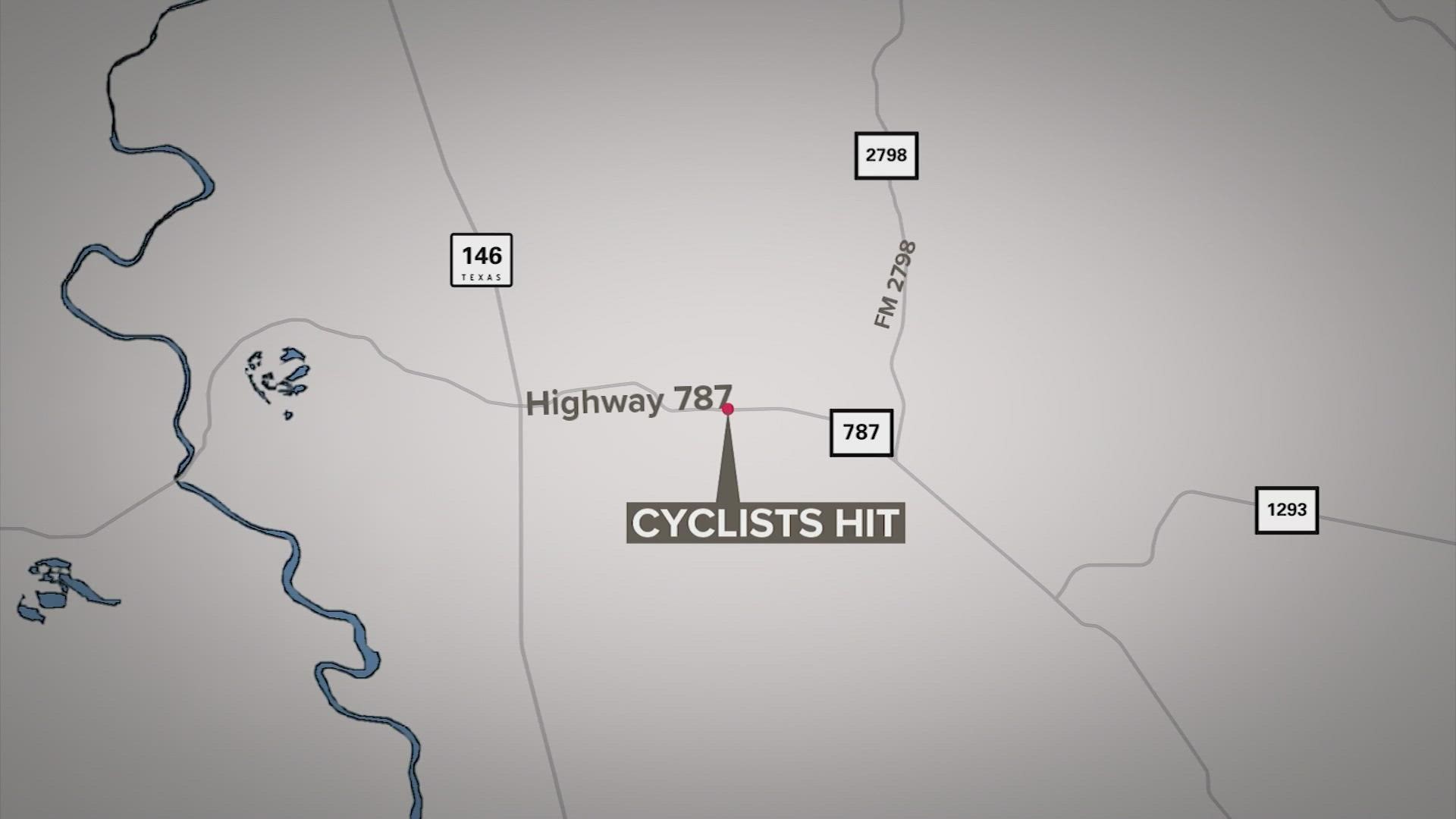 A group of cross-country bicyclists was struck by a car Saturday along Highway 787 in Liberty County.